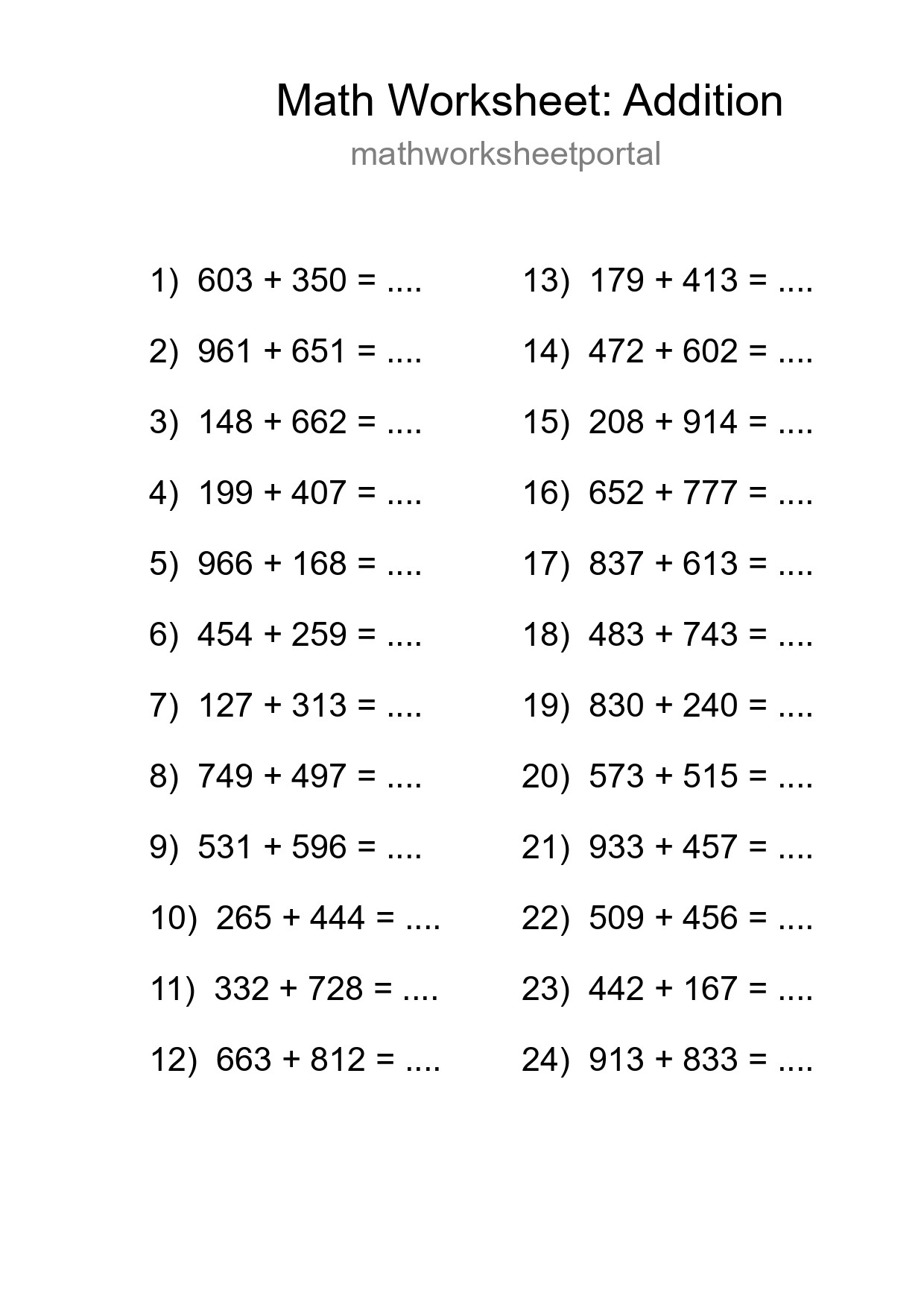 Grade 5 Addition Practice Worksheet (24 Problems) - Part 111