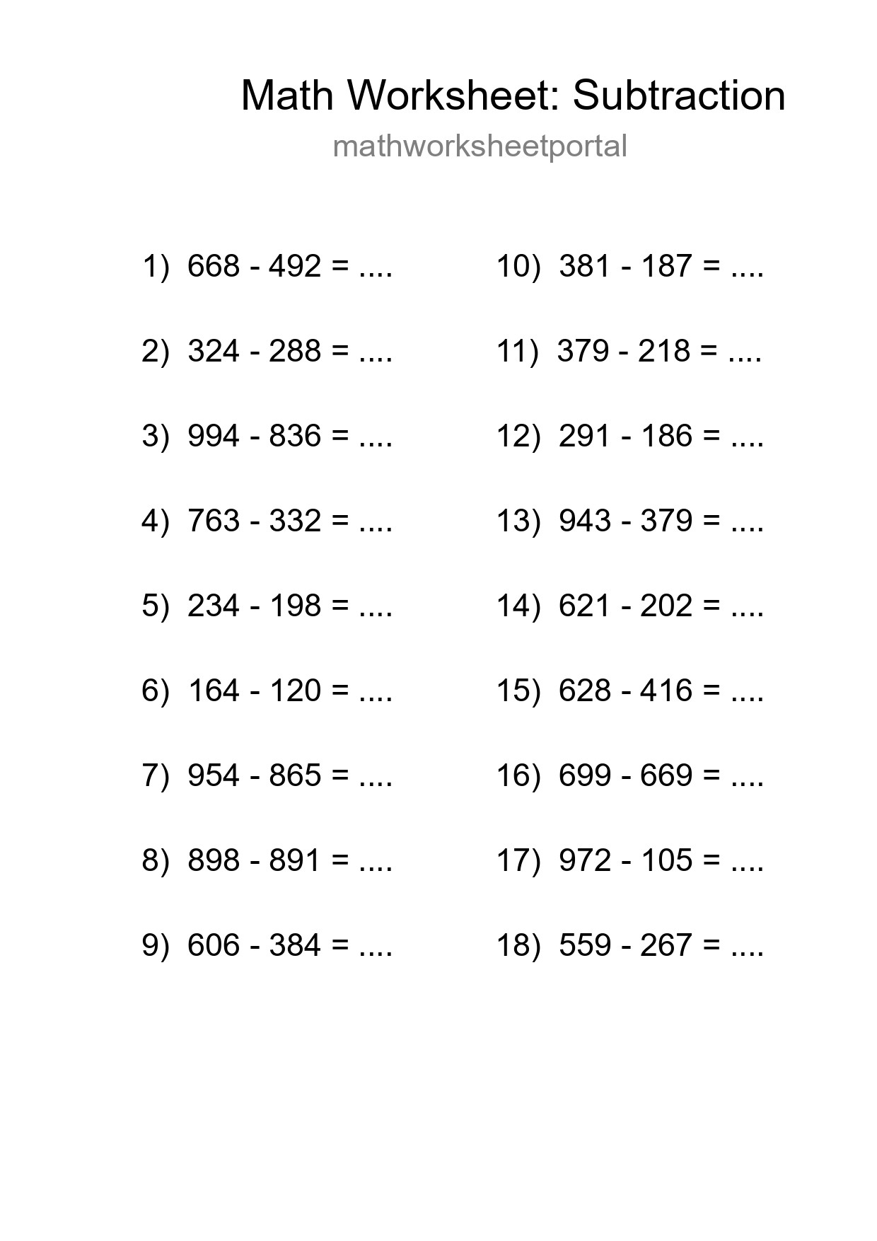 Grade 5 Subtraction Practice Worksheet (18 Problems) - Part 178