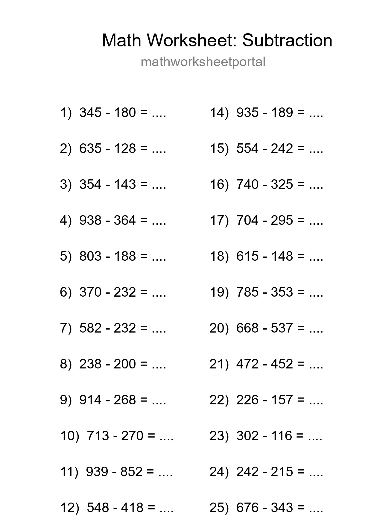 Grade 5 Subtraction Practice Worksheet (25 Problems) - Part 98
