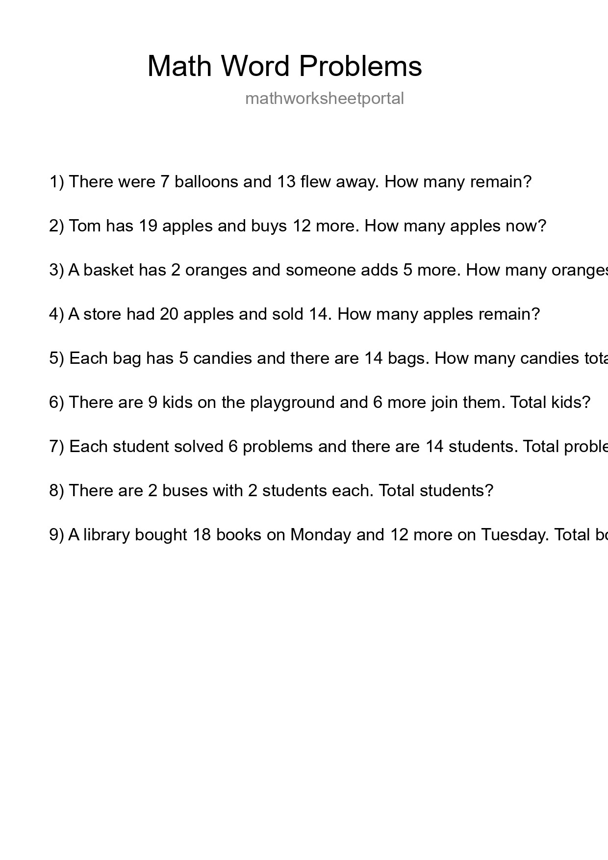 Math Word Problem Worksheet