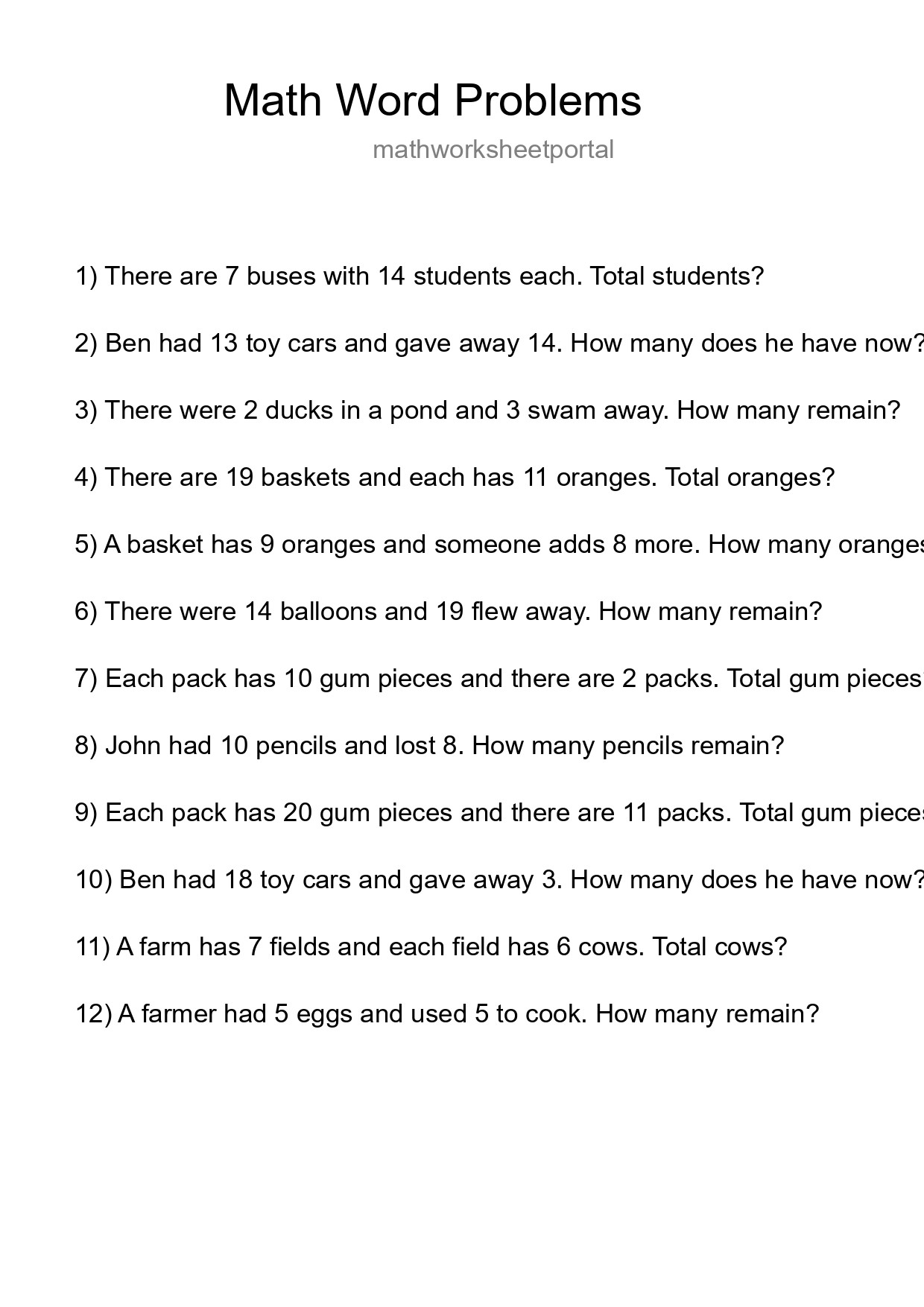 Math Word Problem Worksheet