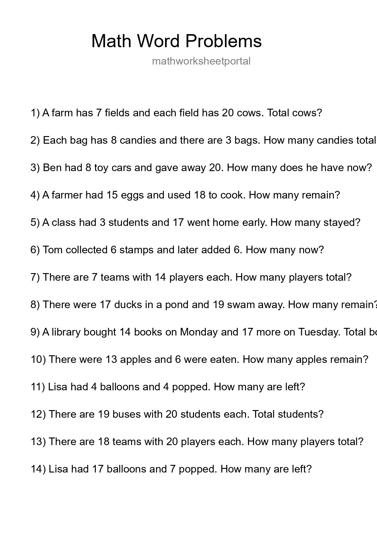 Math Word Problem Worksheet