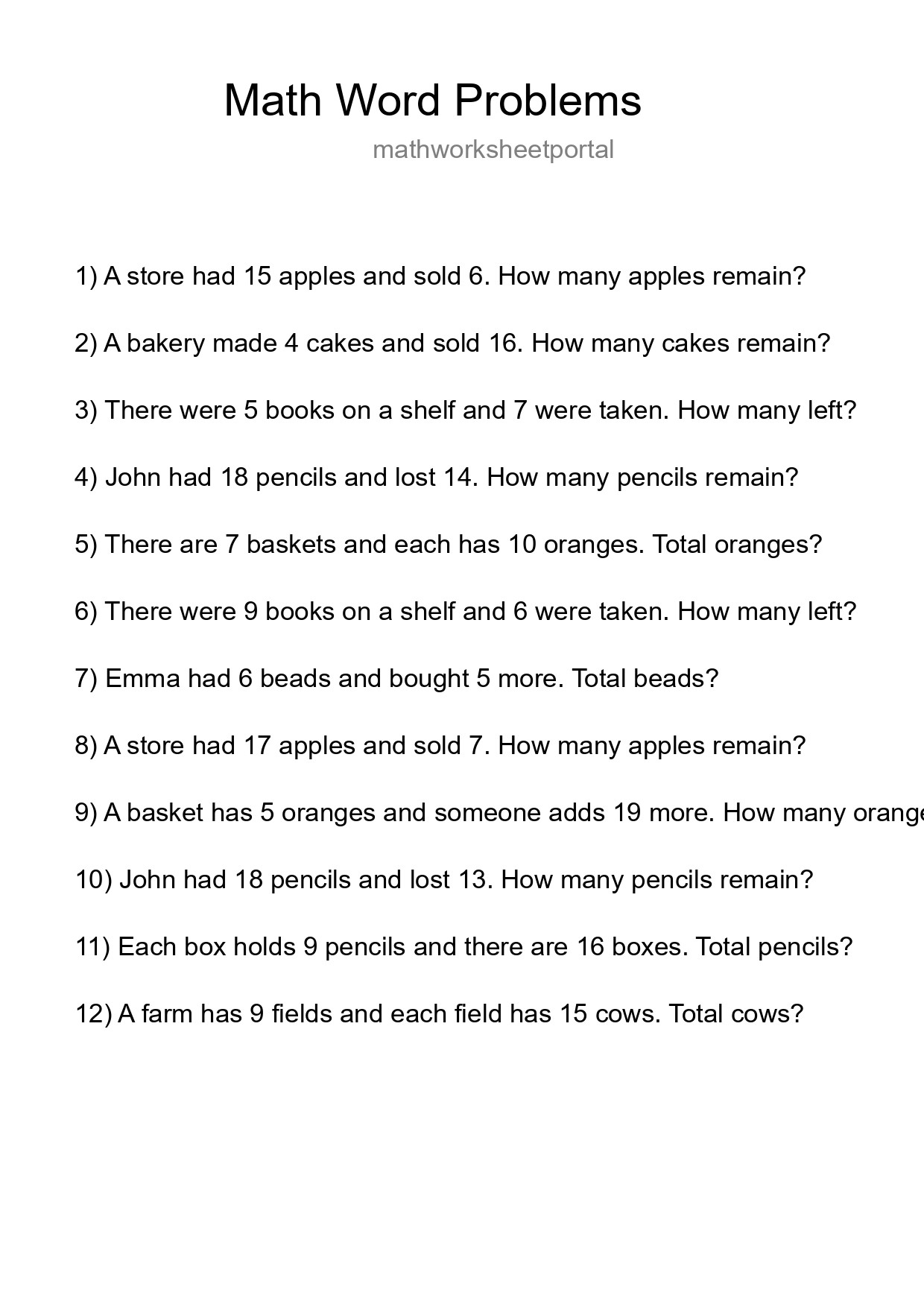 Math Word Problem Worksheet
