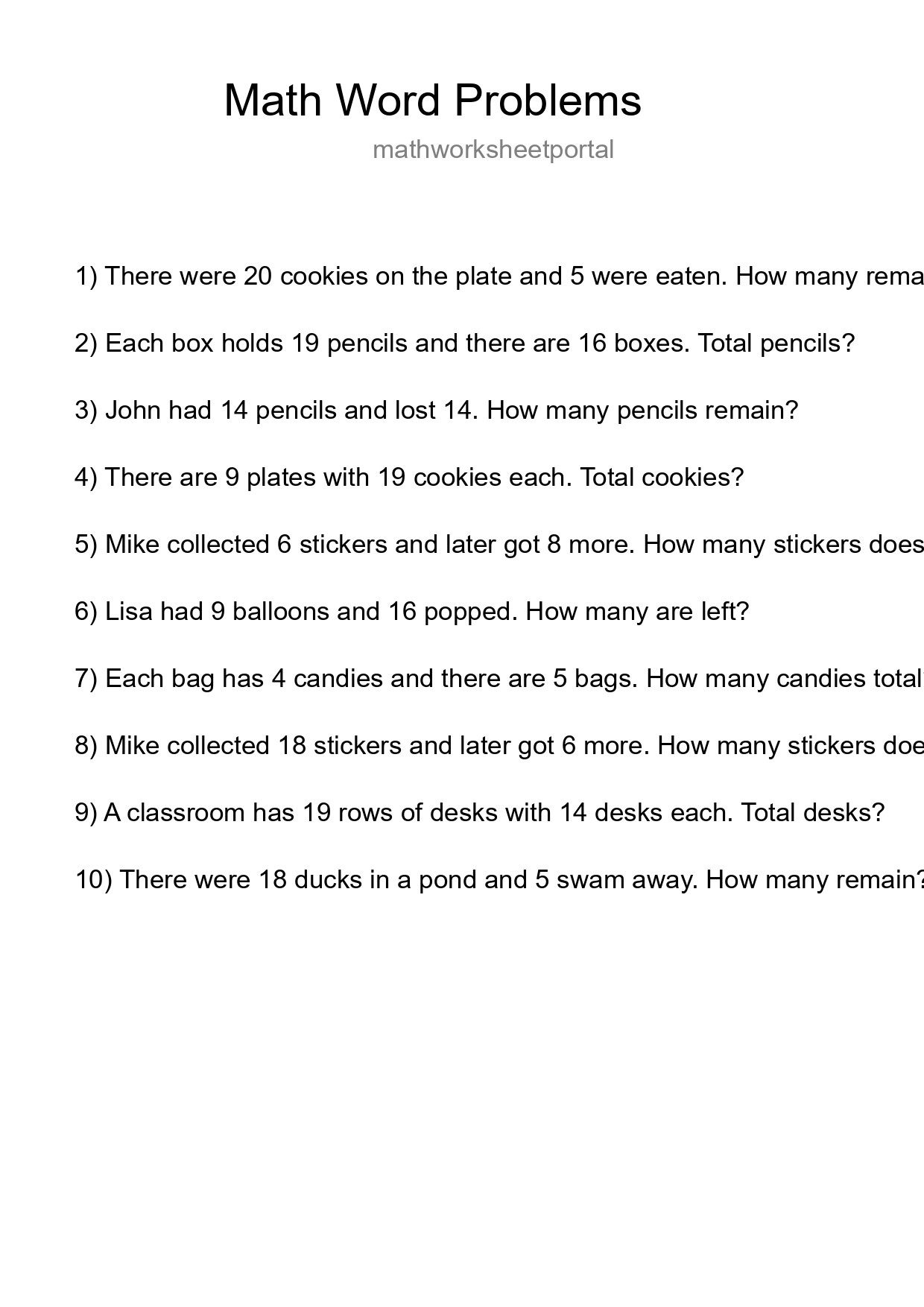 Math Word Problem Worksheet