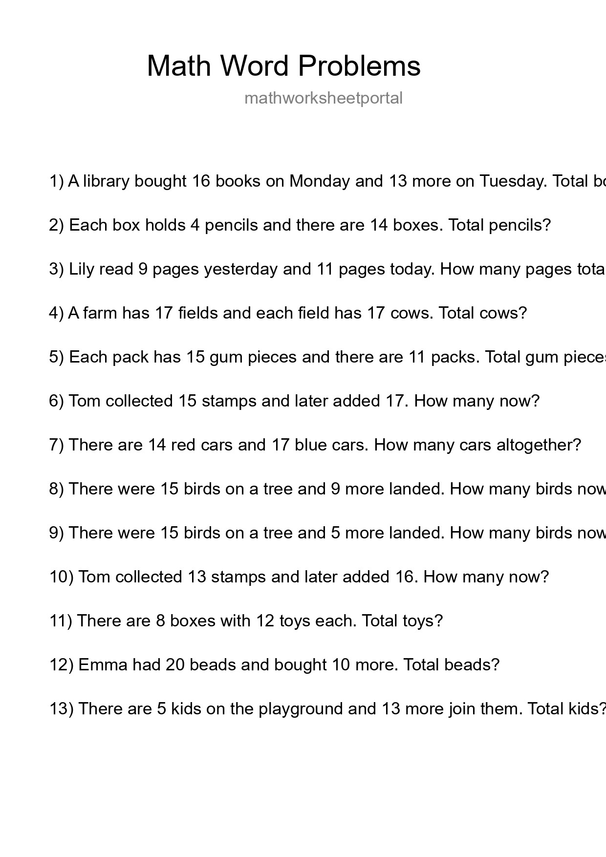 Math Word Problem Worksheet