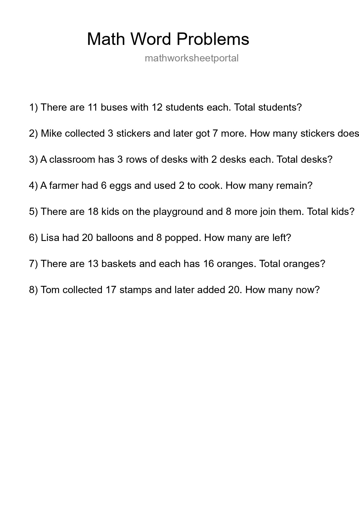 Math Word Problem Worksheet
