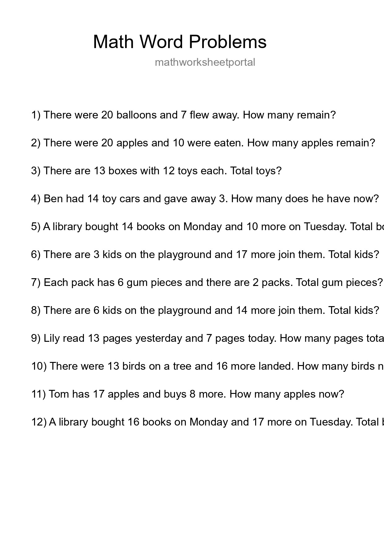 Math Word Problem Worksheet