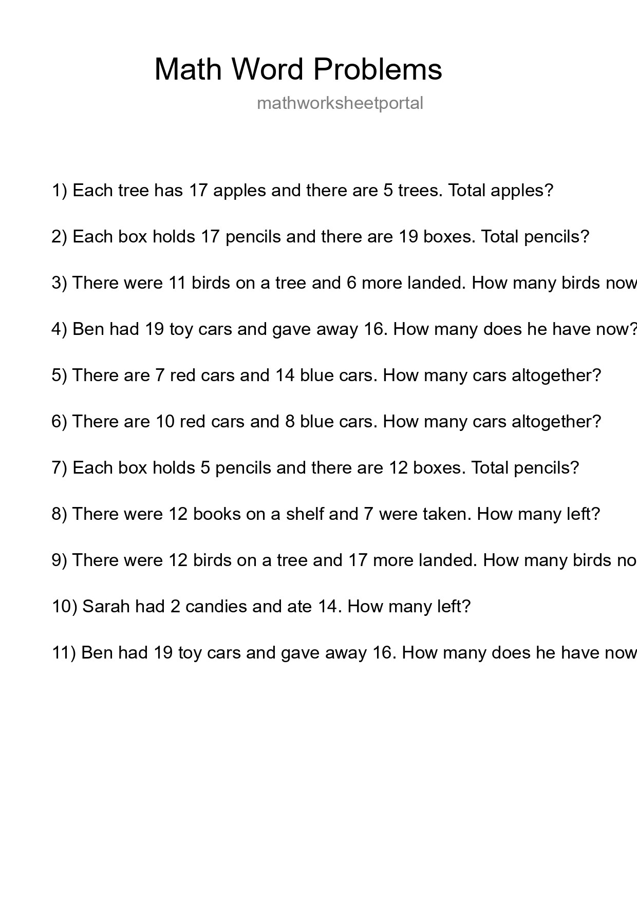 Math Word Problem Worksheet