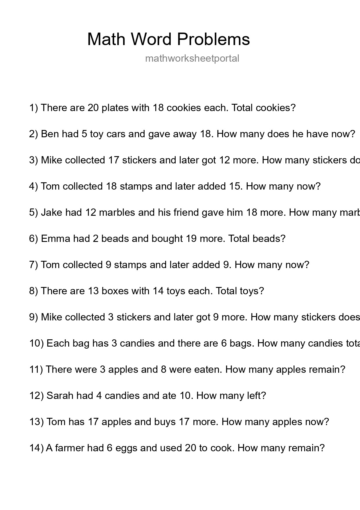 Math Word Problem Worksheet