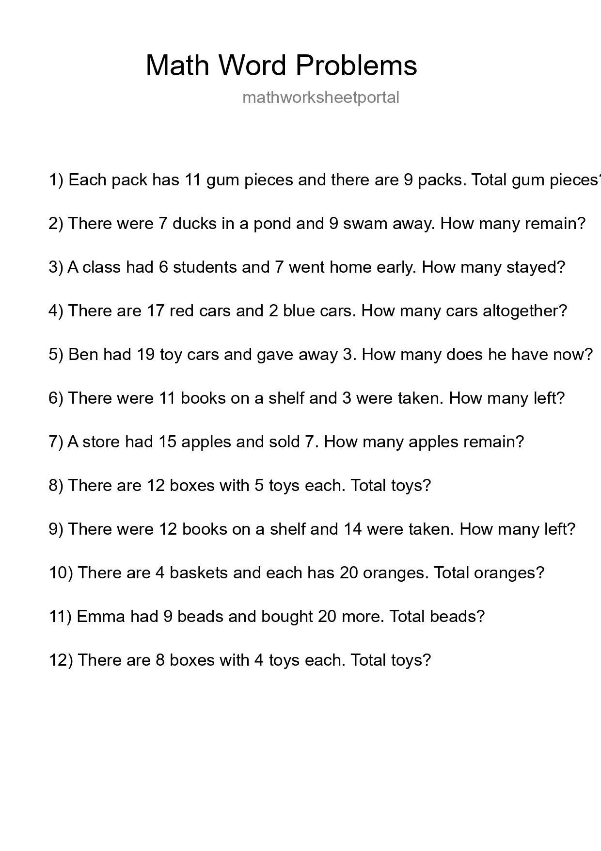 Math Word Problem Worksheet