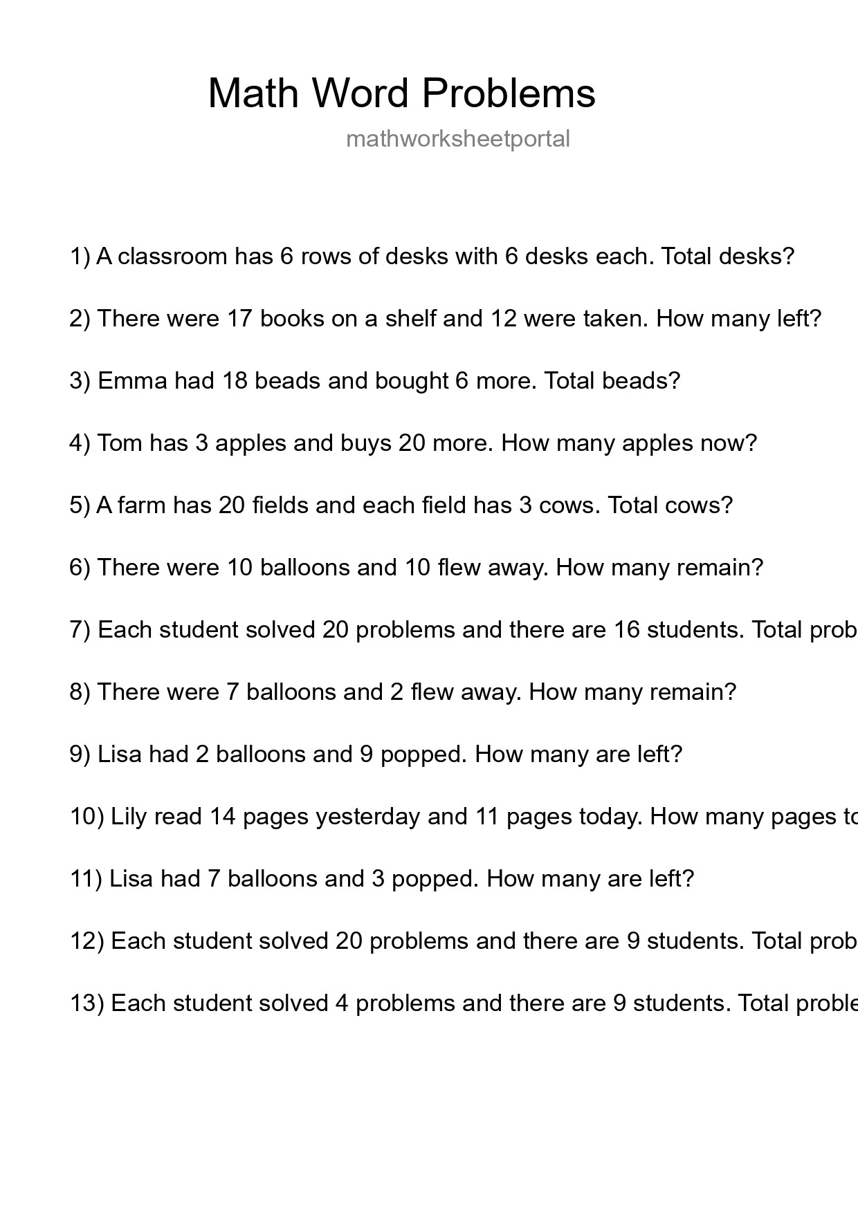 Math Word Problem Worksheet