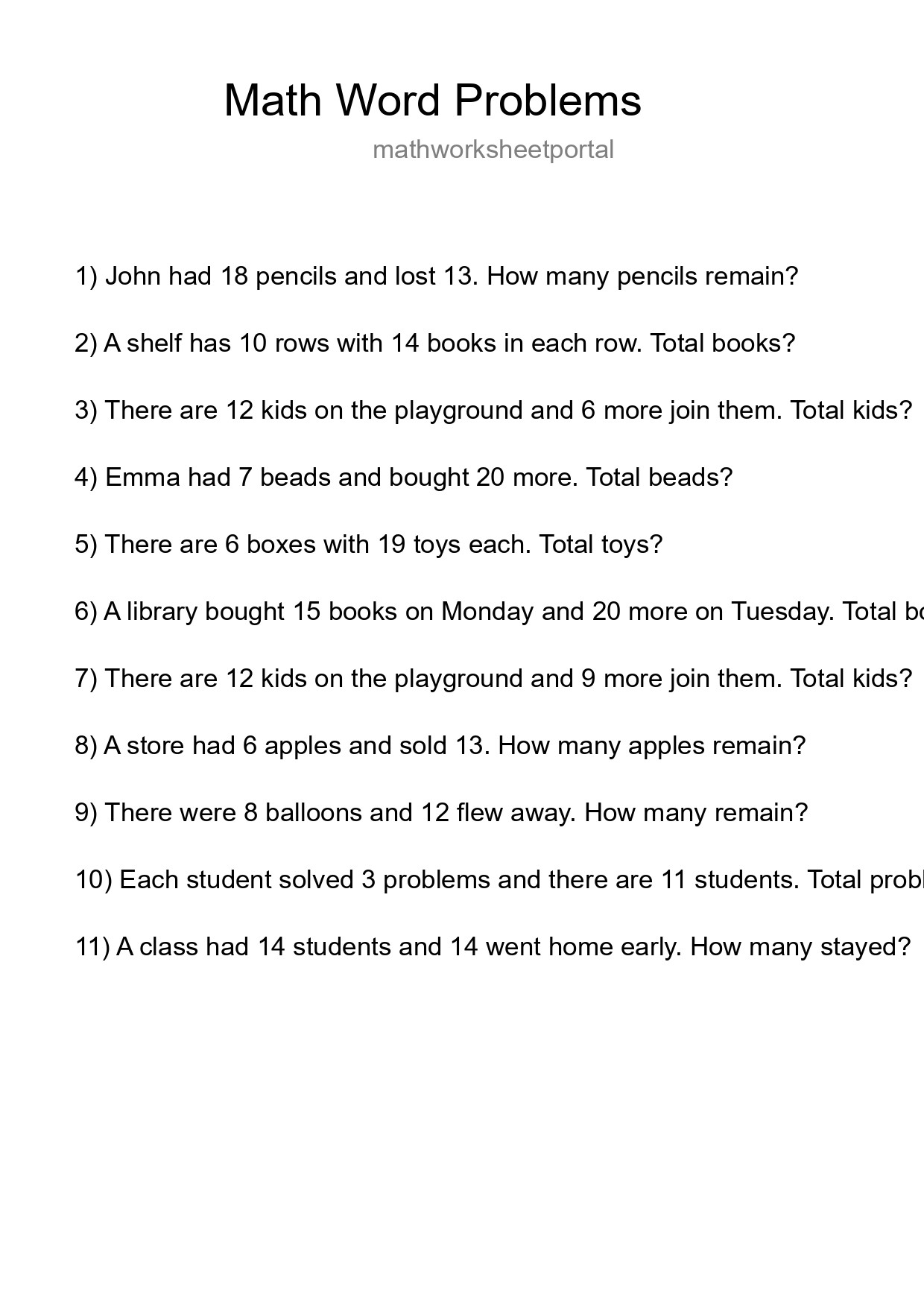 Math Word Problem Worksheet