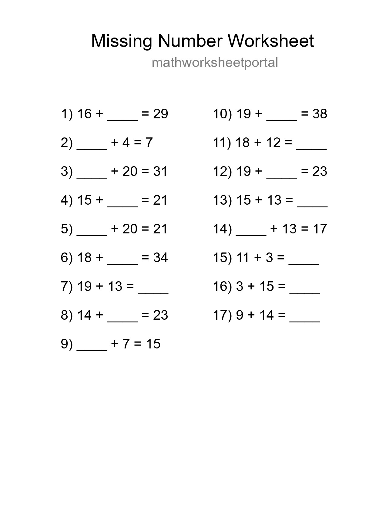 Missing Number Math Worksheet
