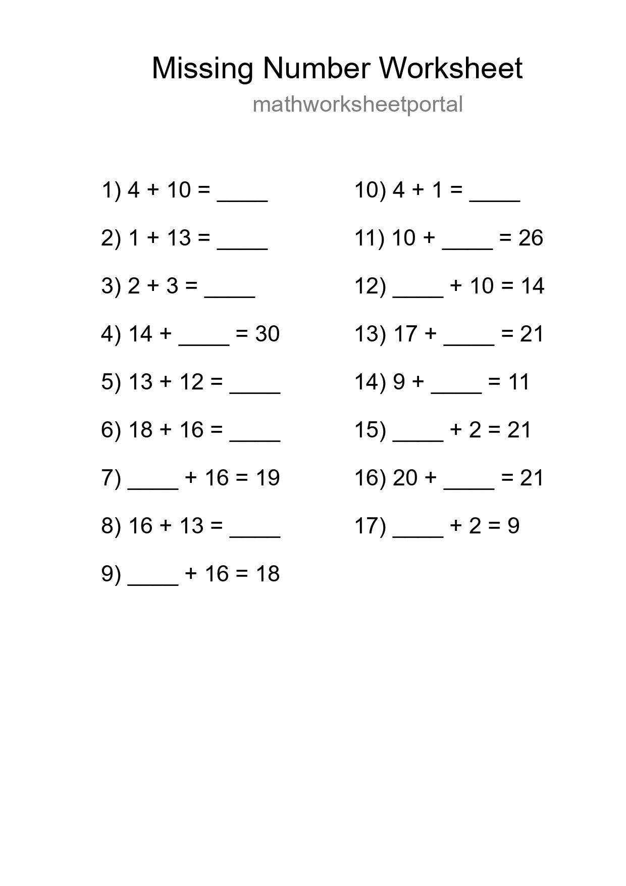 Missing Number Math Worksheet