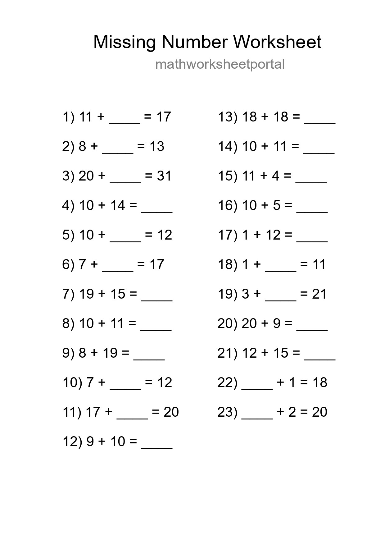 Missing Number Math Worksheet
