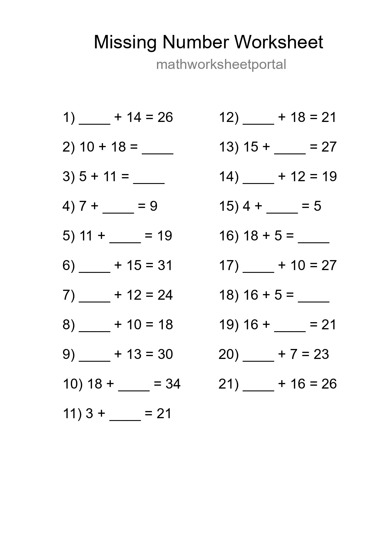 Missing Number Math Worksheet
