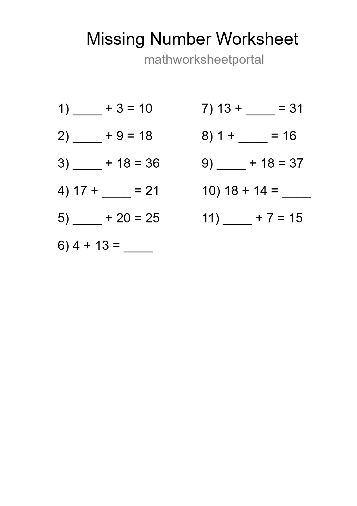 Missing Number Math Worksheet