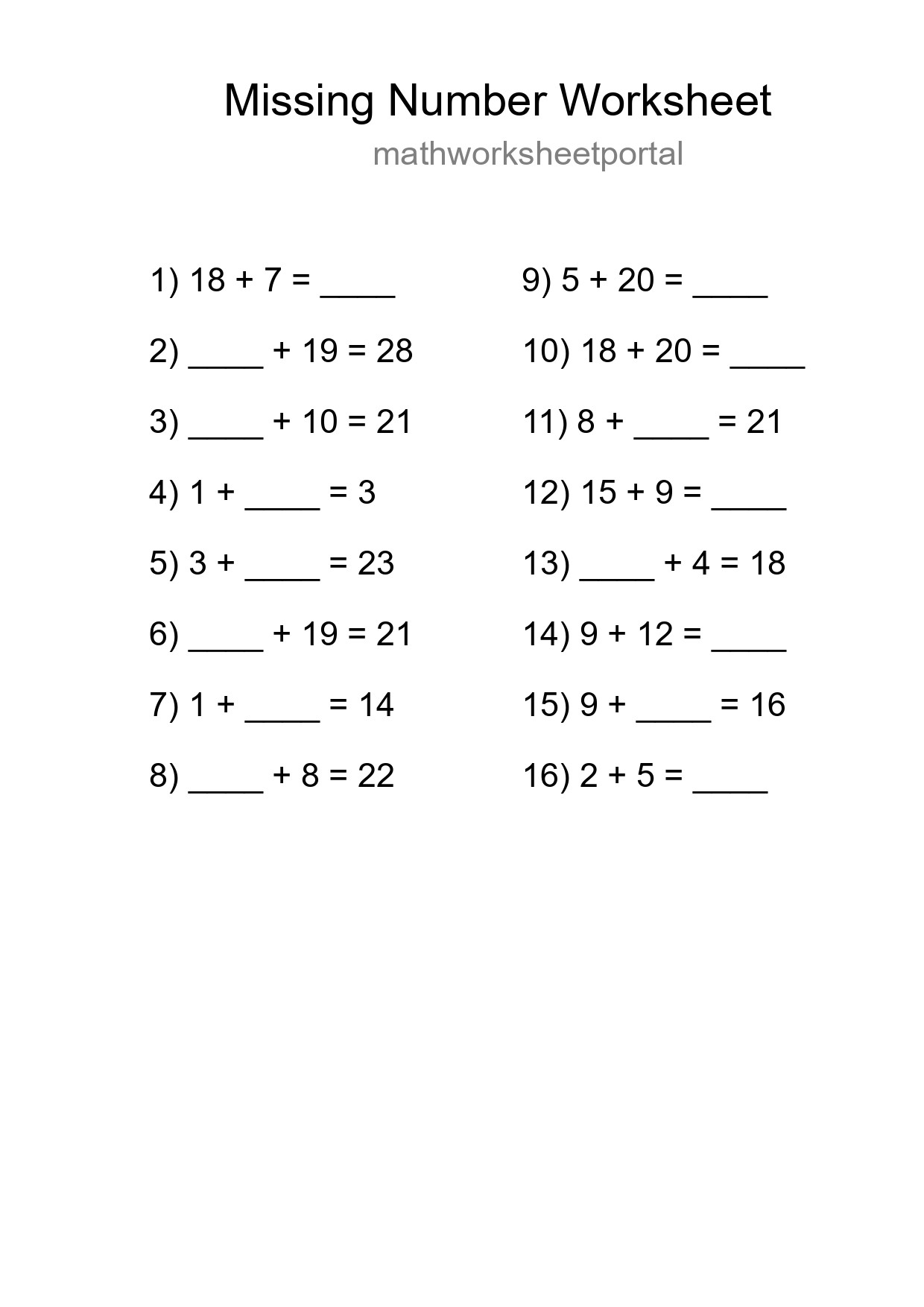 Missing Number Math Worksheet