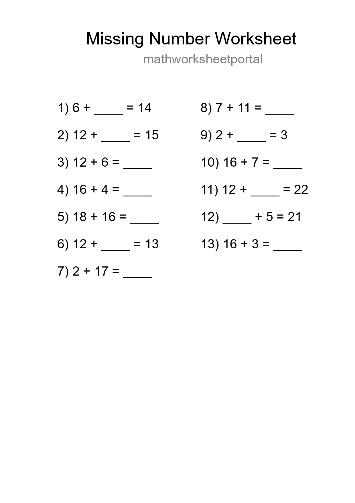 Missing Number Math Worksheet