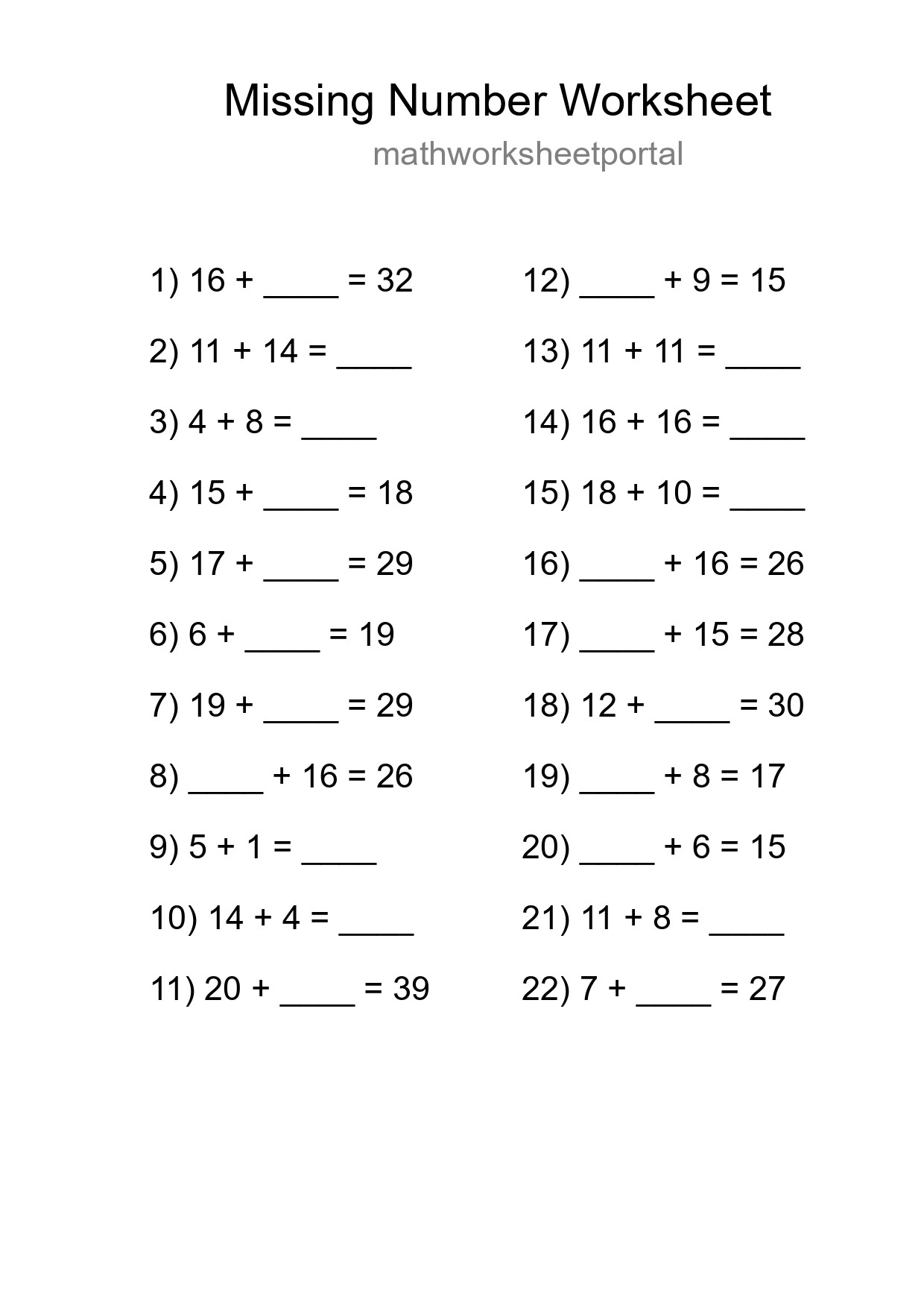 Missing Number Math Worksheet