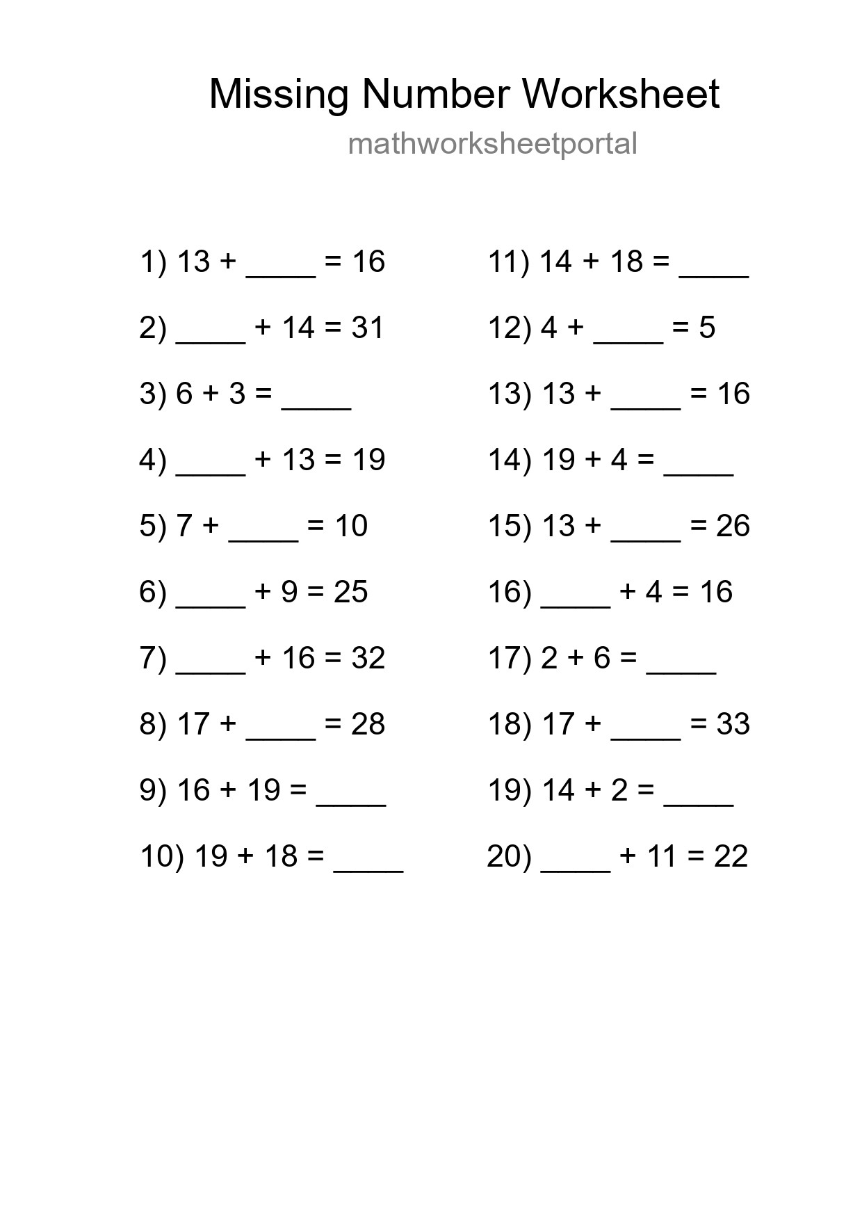 Missing Number Math Worksheet