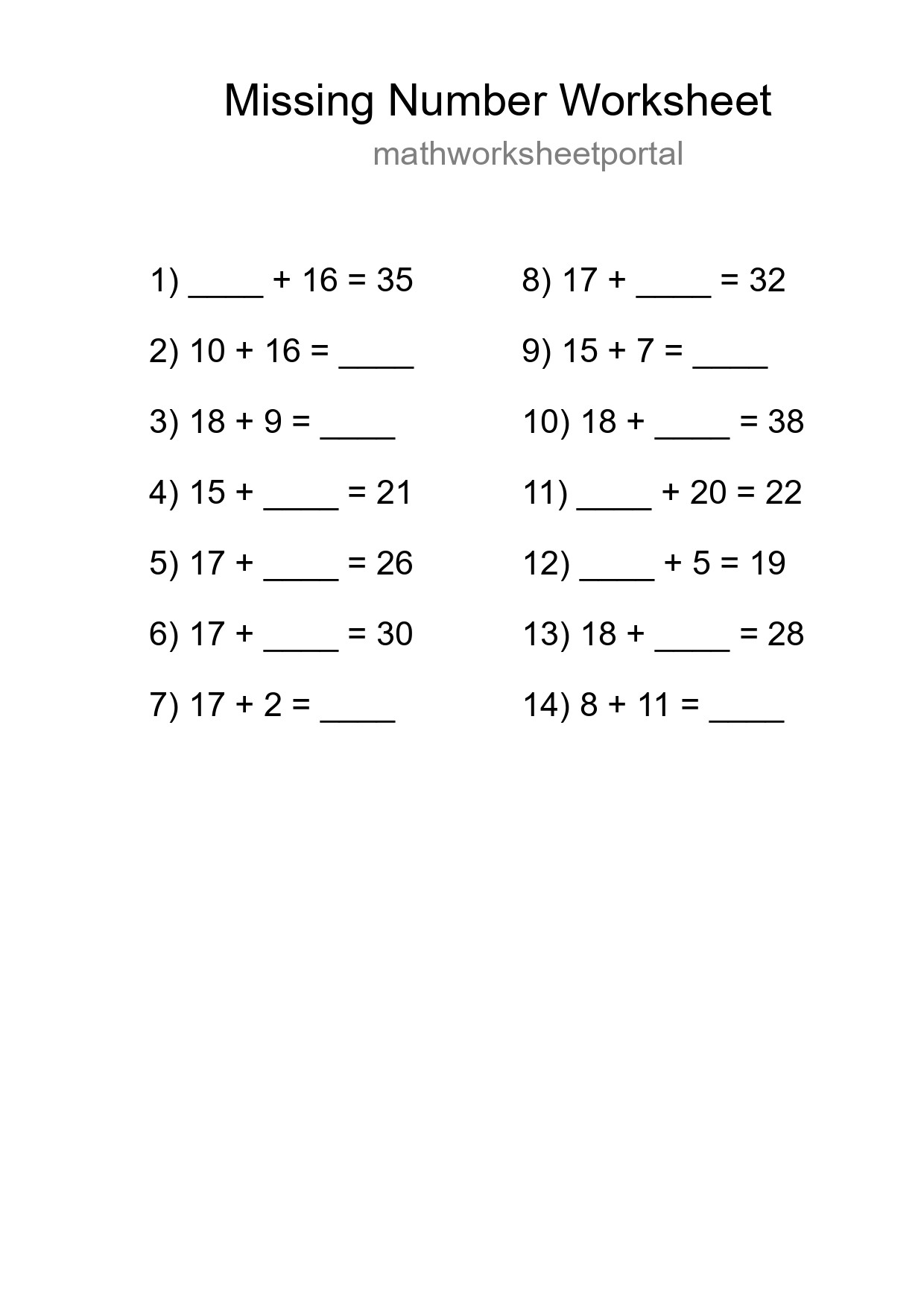 Missing Number Math Worksheet