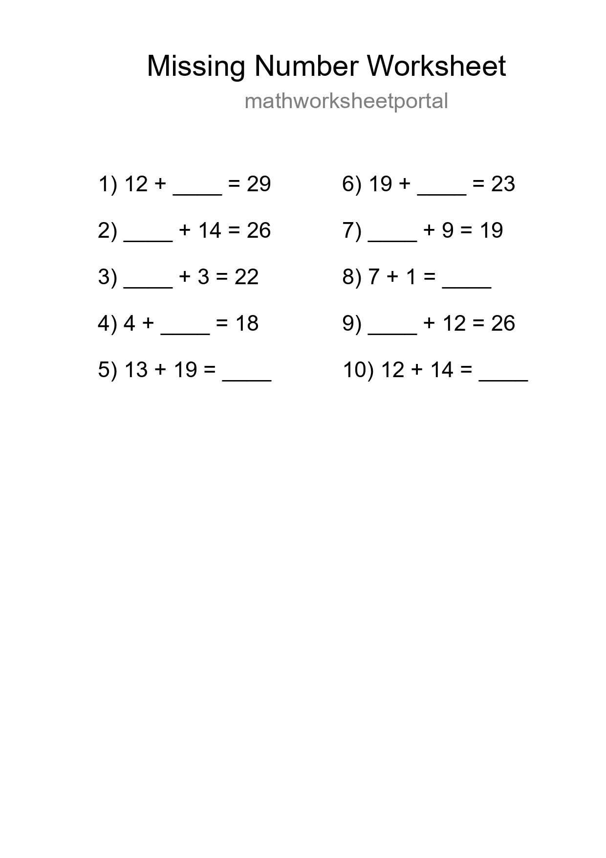 Missing Number Math Worksheet