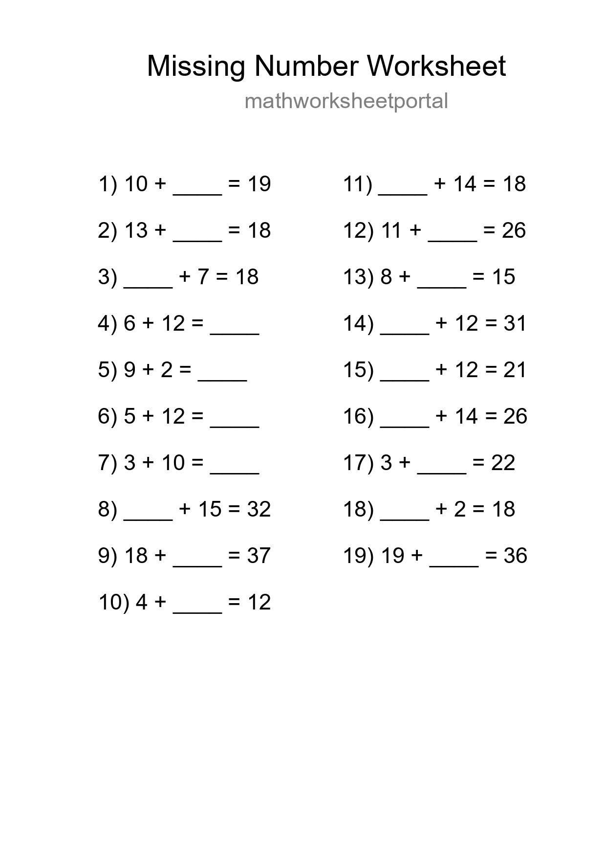 Missing Number Math Worksheet