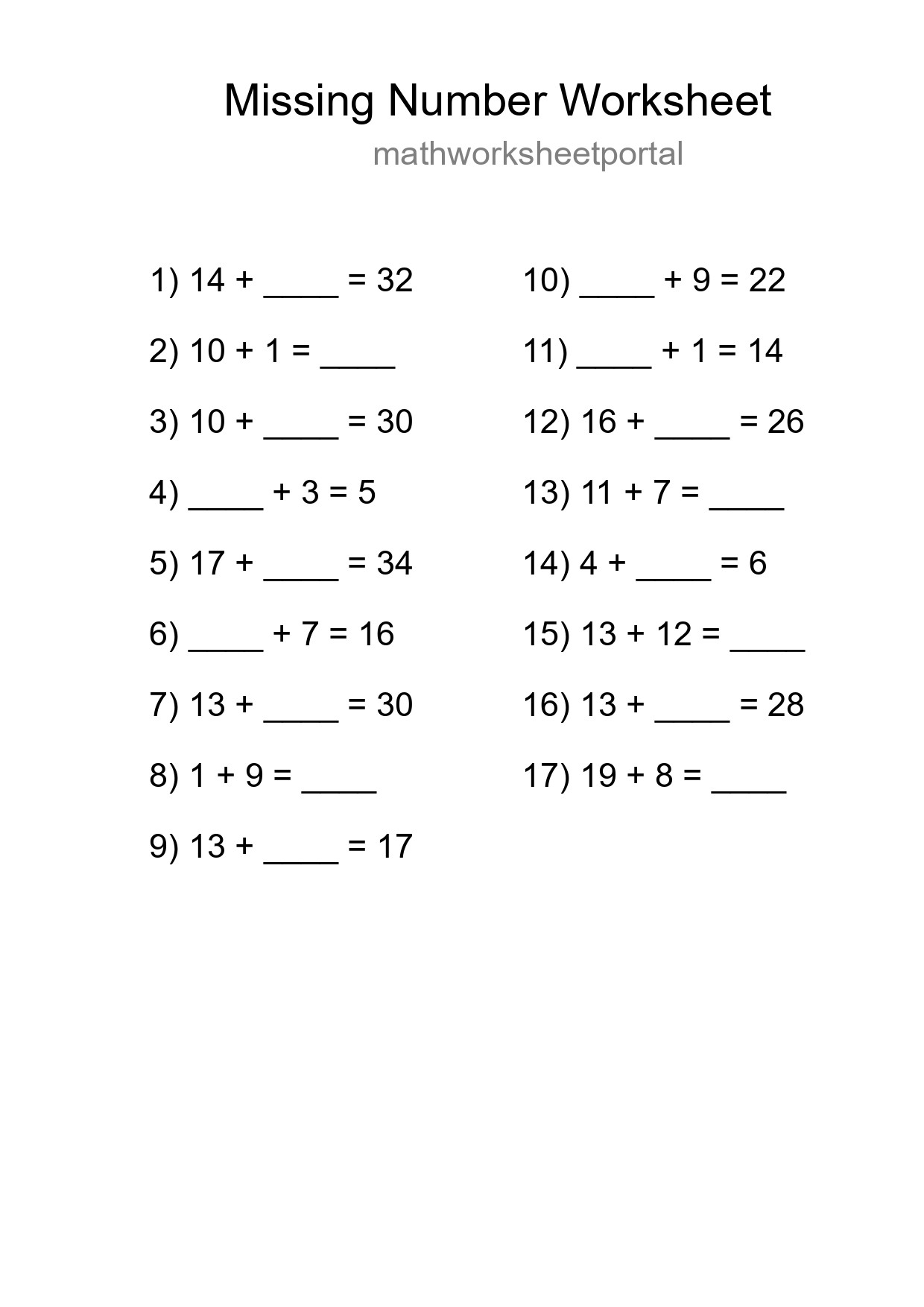 Missing Number Math Worksheet