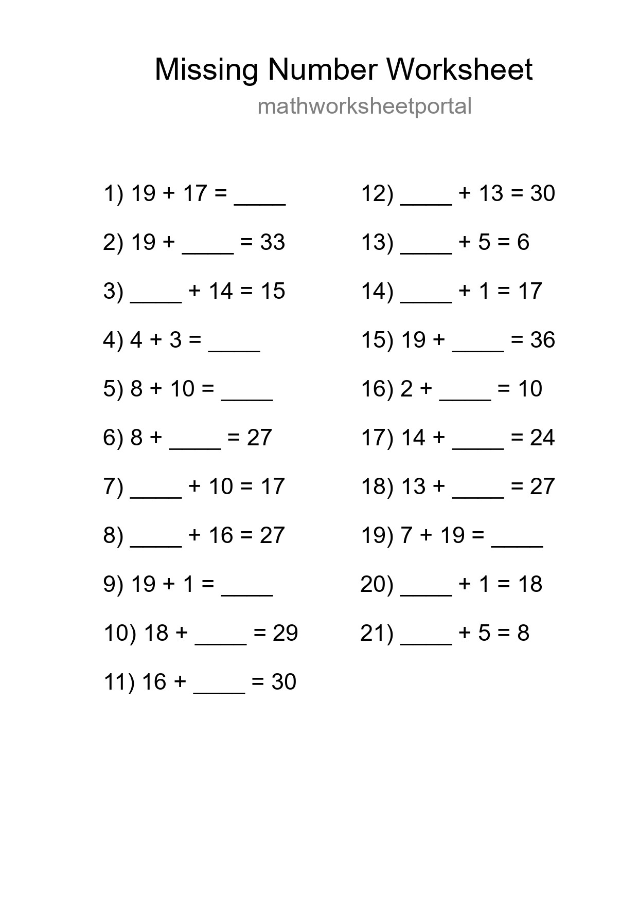 Missing Number Math Worksheet