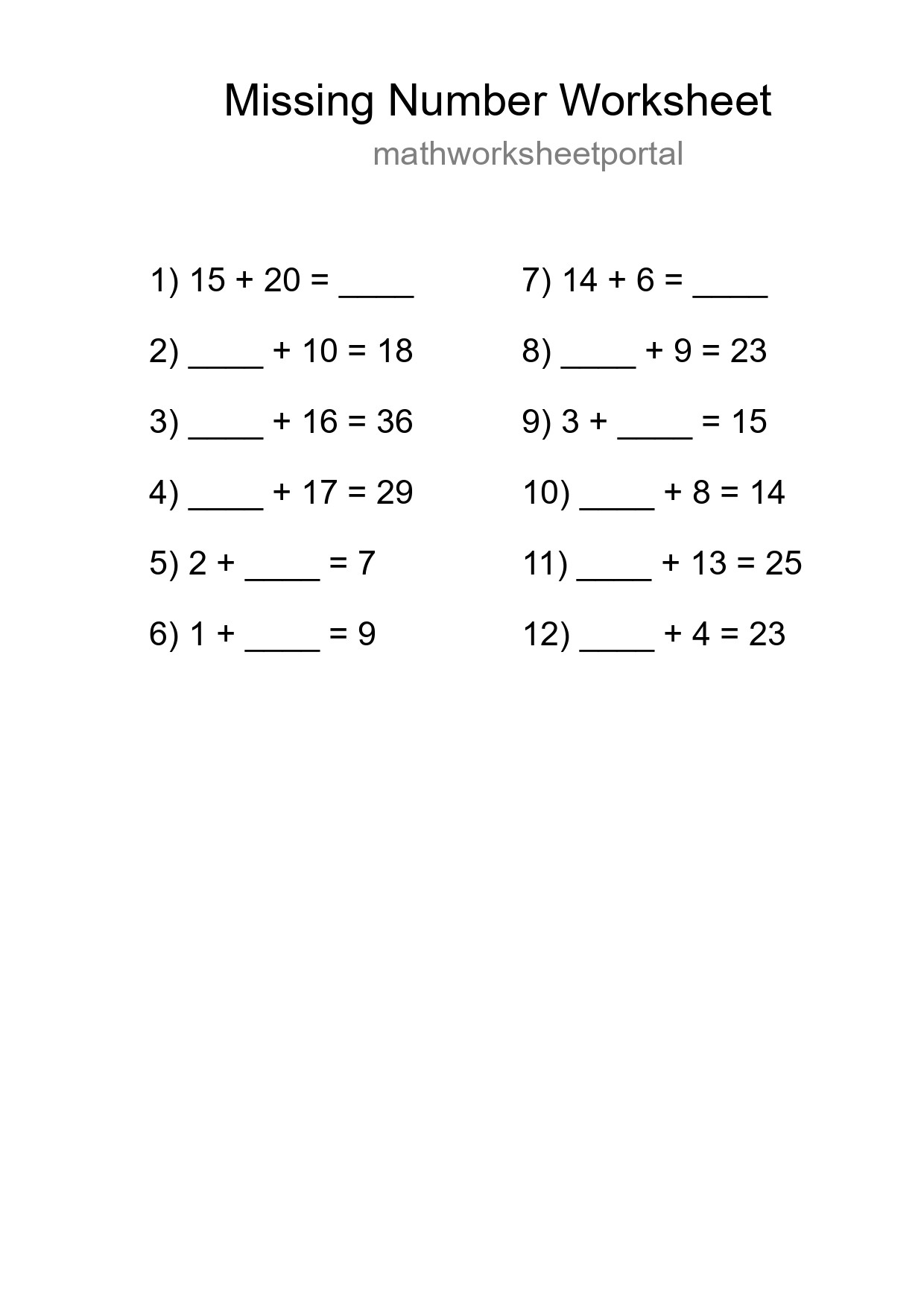 Missing Number Math Worksheet