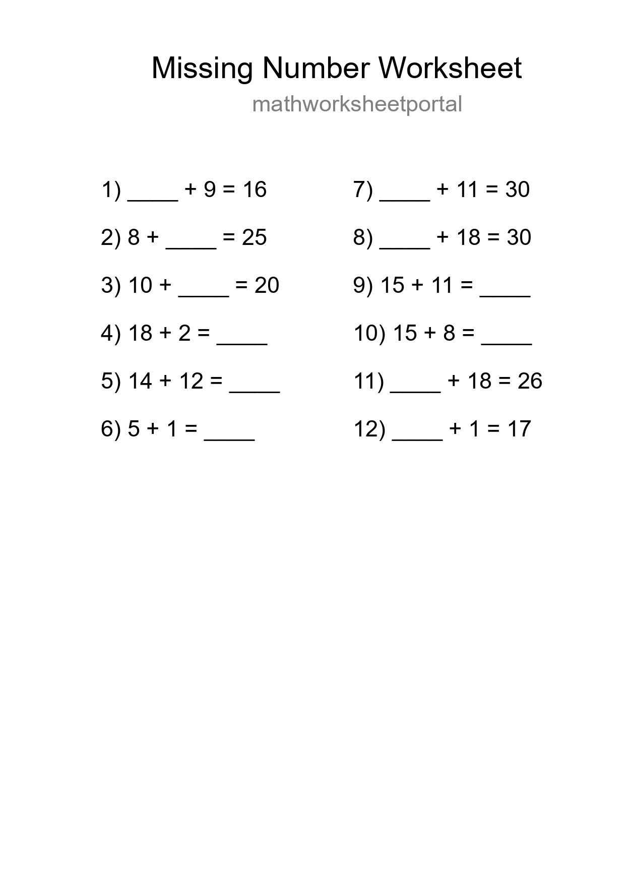 Missing Number Math Worksheet