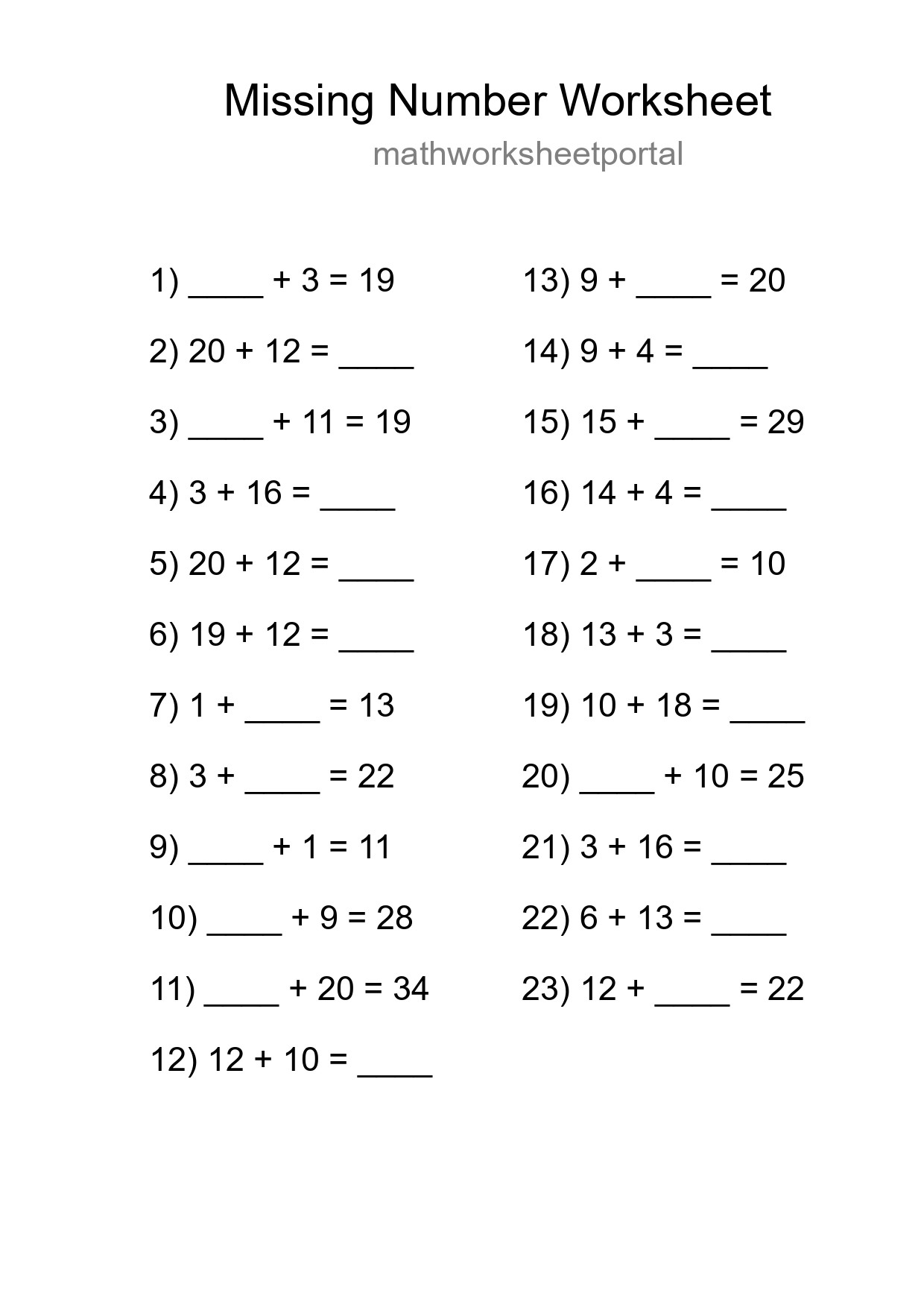 Missing Number Math Worksheet