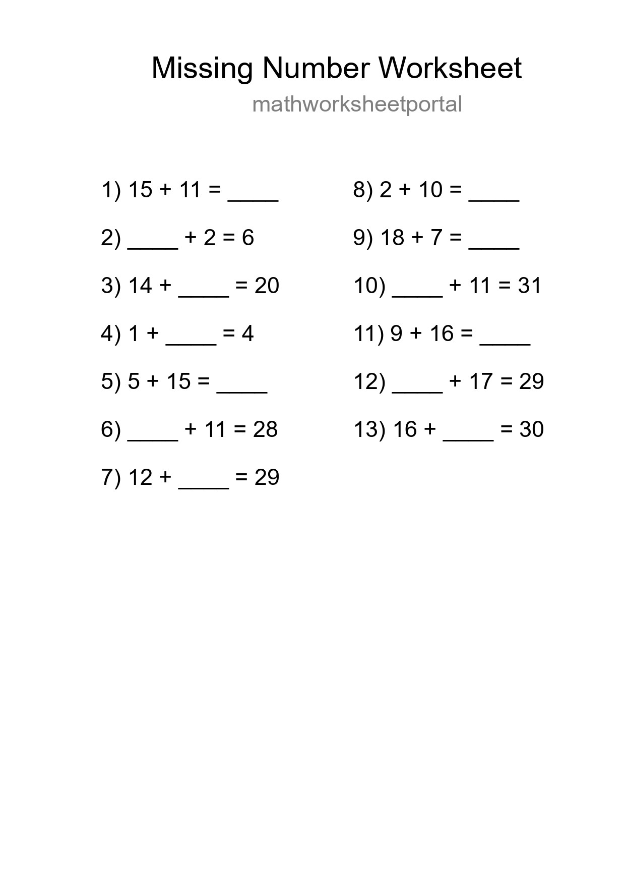 Missing Number Math Worksheet