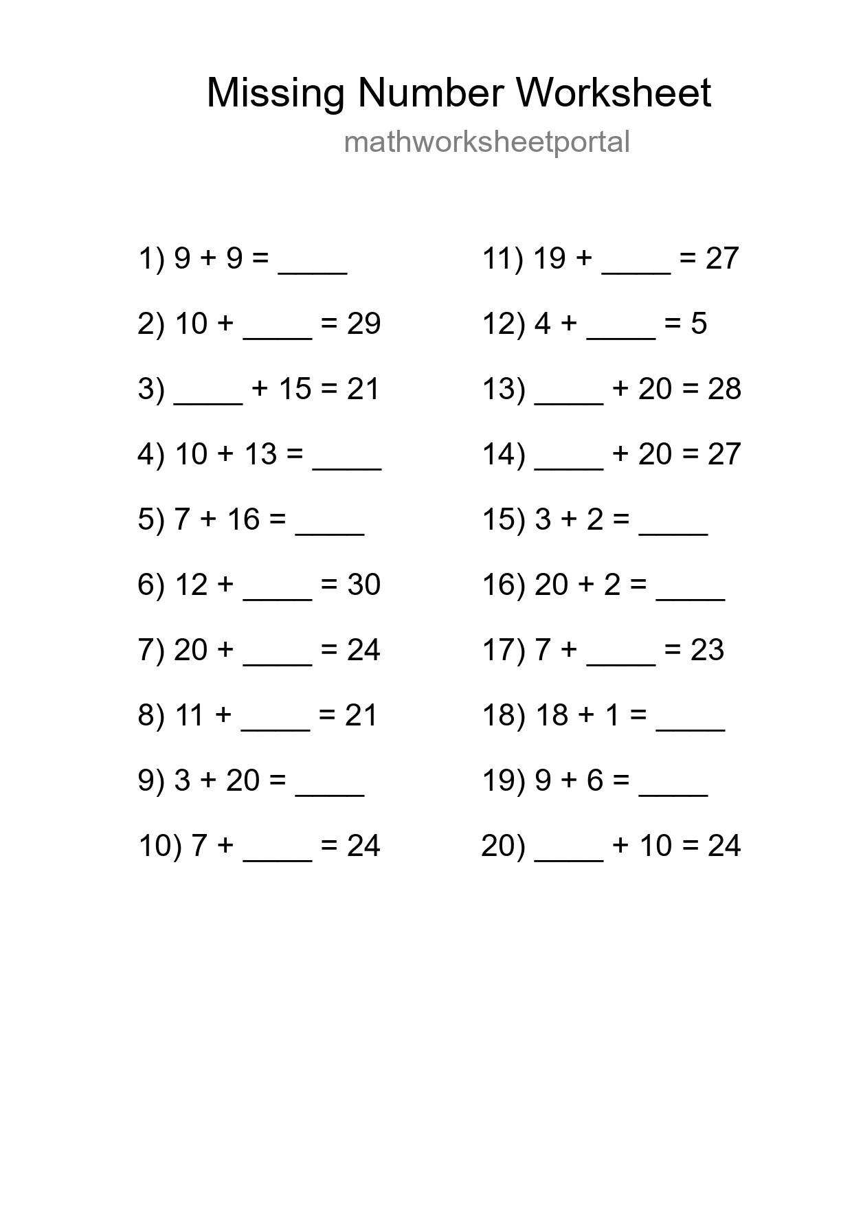 Missing Number Math Worksheet