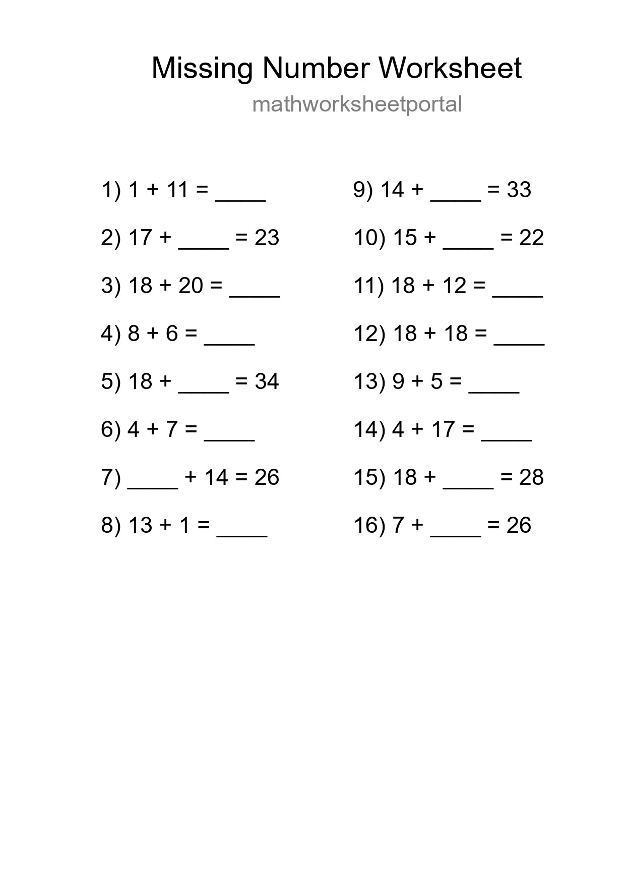 Missing Number Math Worksheet