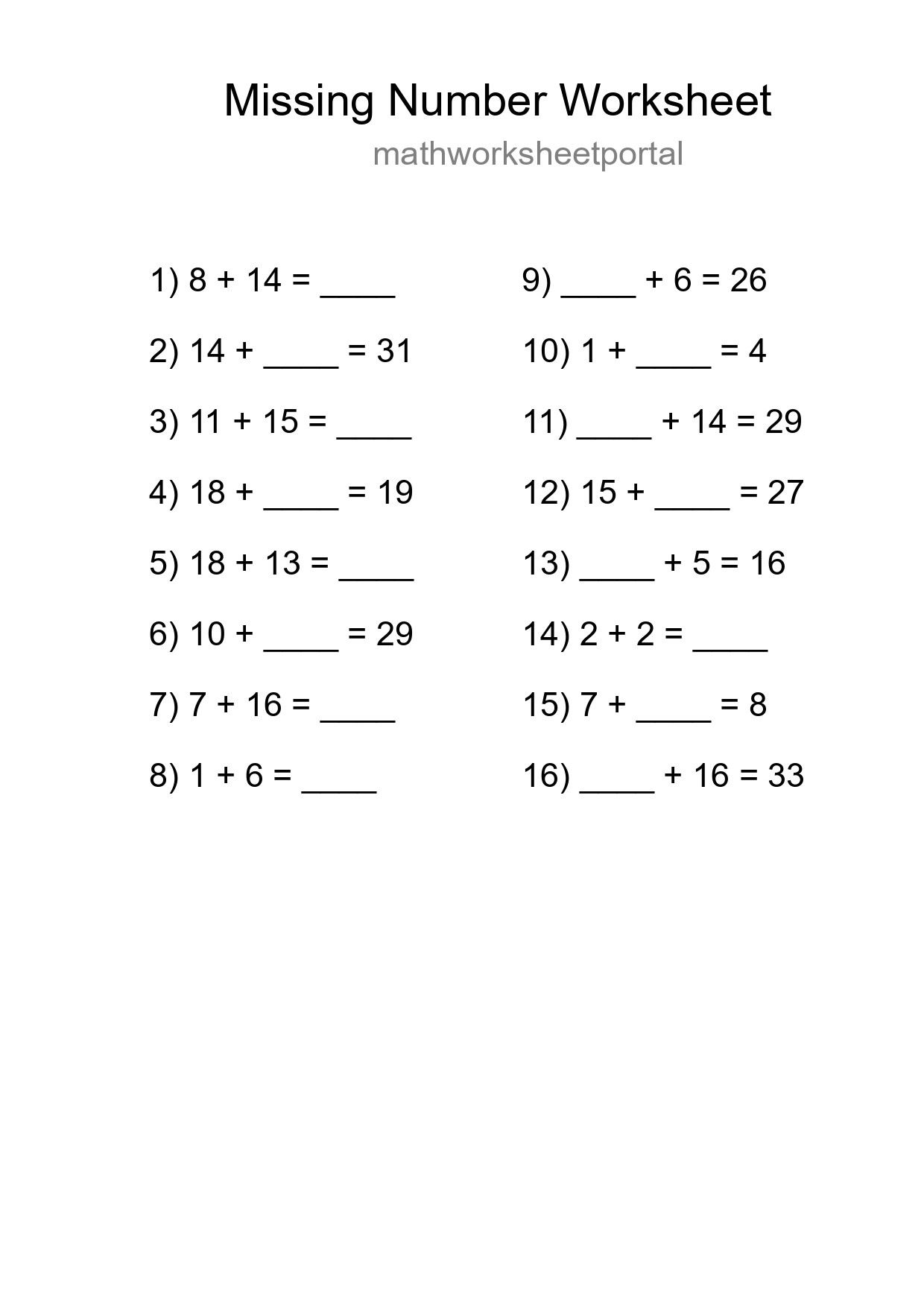 Missing Number Math Worksheet