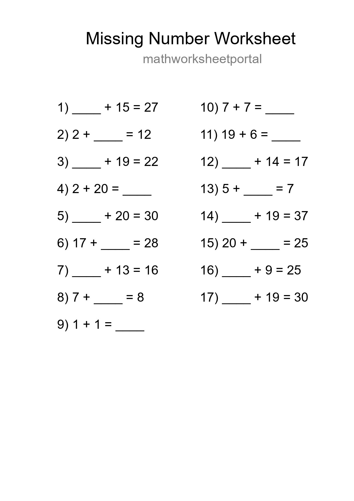 Missing Number Math Worksheet