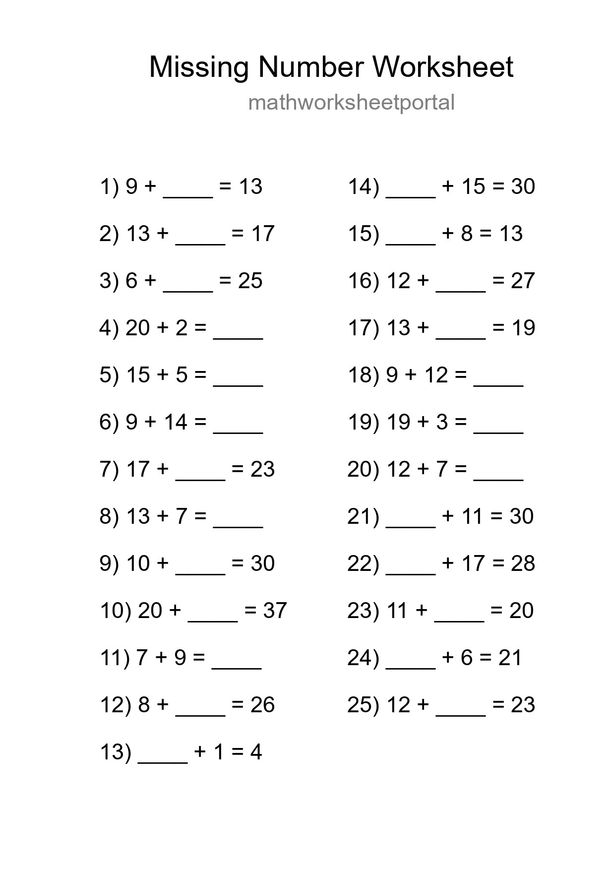 Missing Number Math Worksheet