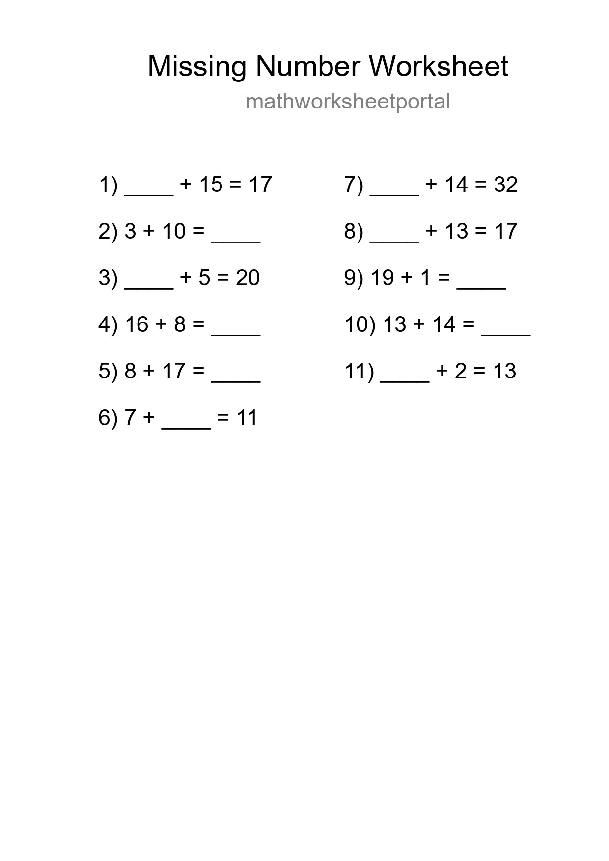 Missing Number Math Worksheet