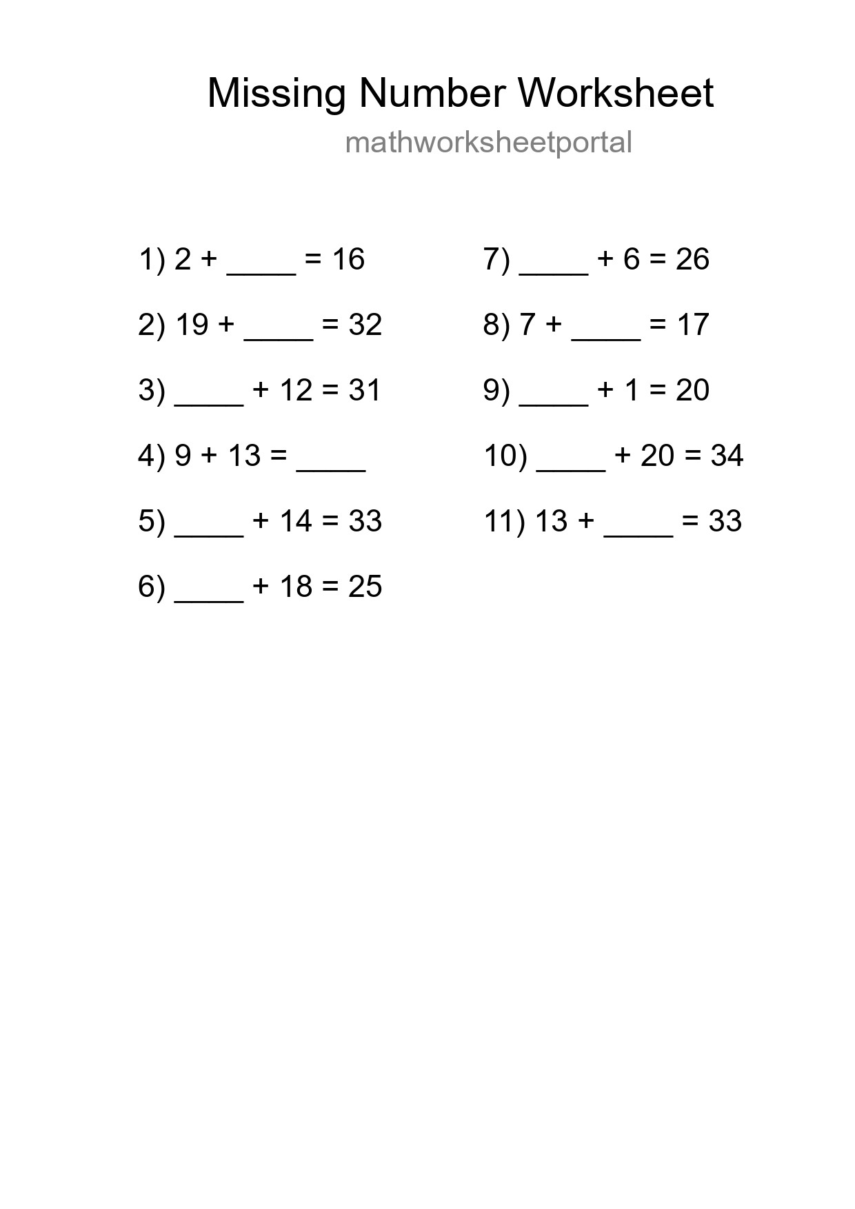 Missing Number Math Worksheet