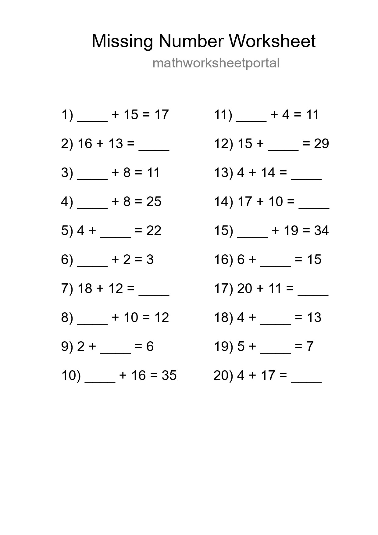 Missing Number Math Worksheet