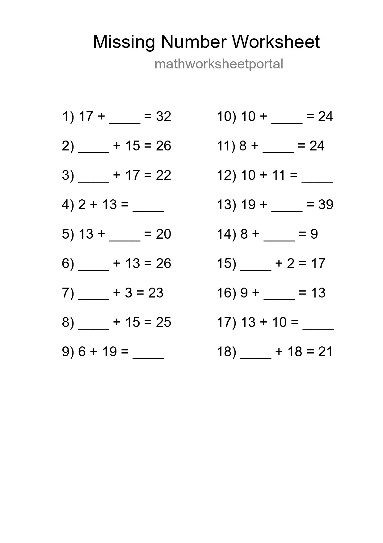 Missing Number Math Worksheet