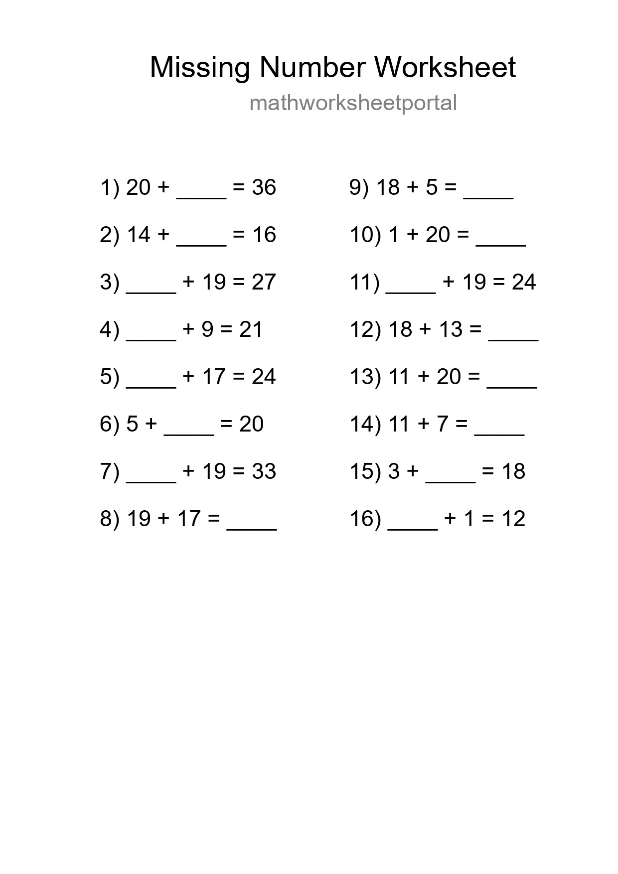 Missing Number Math Worksheet