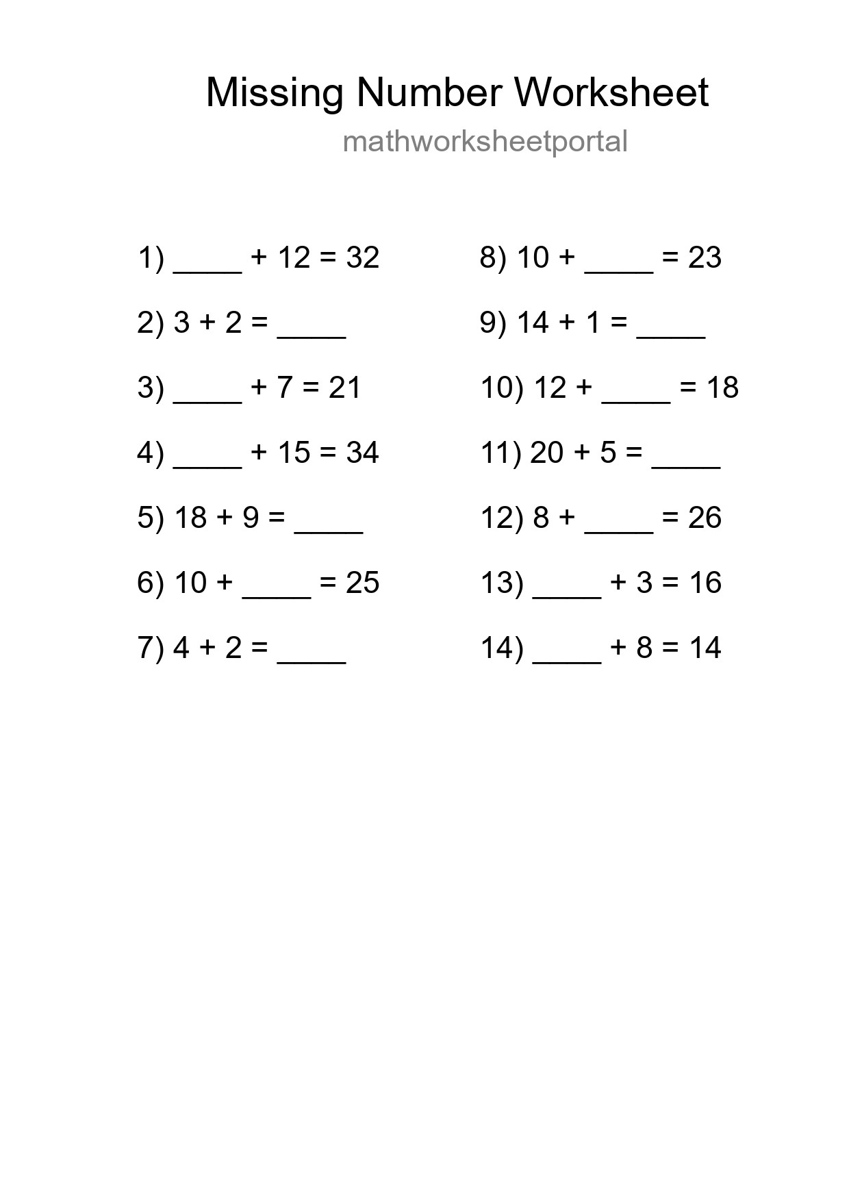 Missing Number Math Worksheet