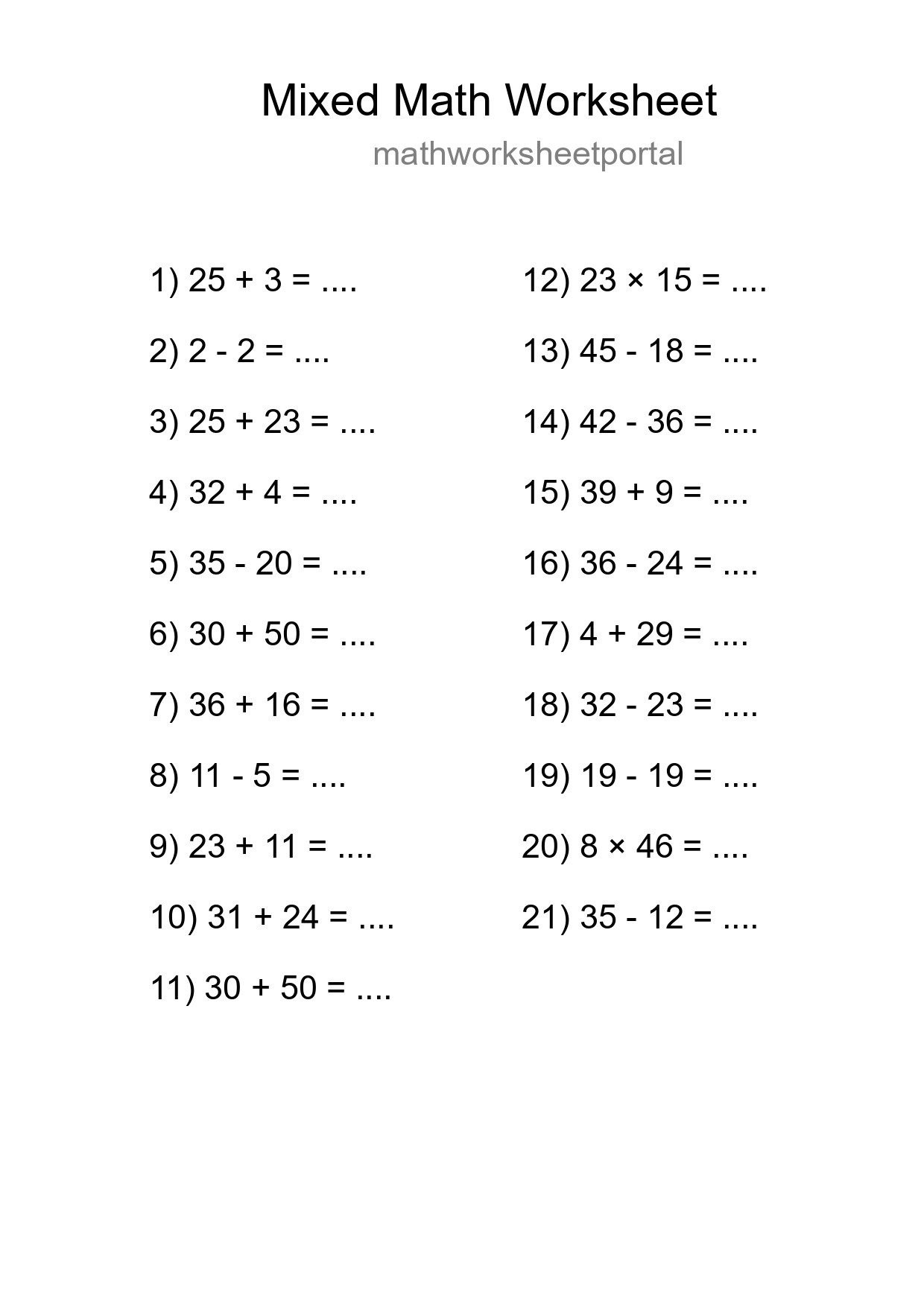 Mixed Operations Math Worksheet