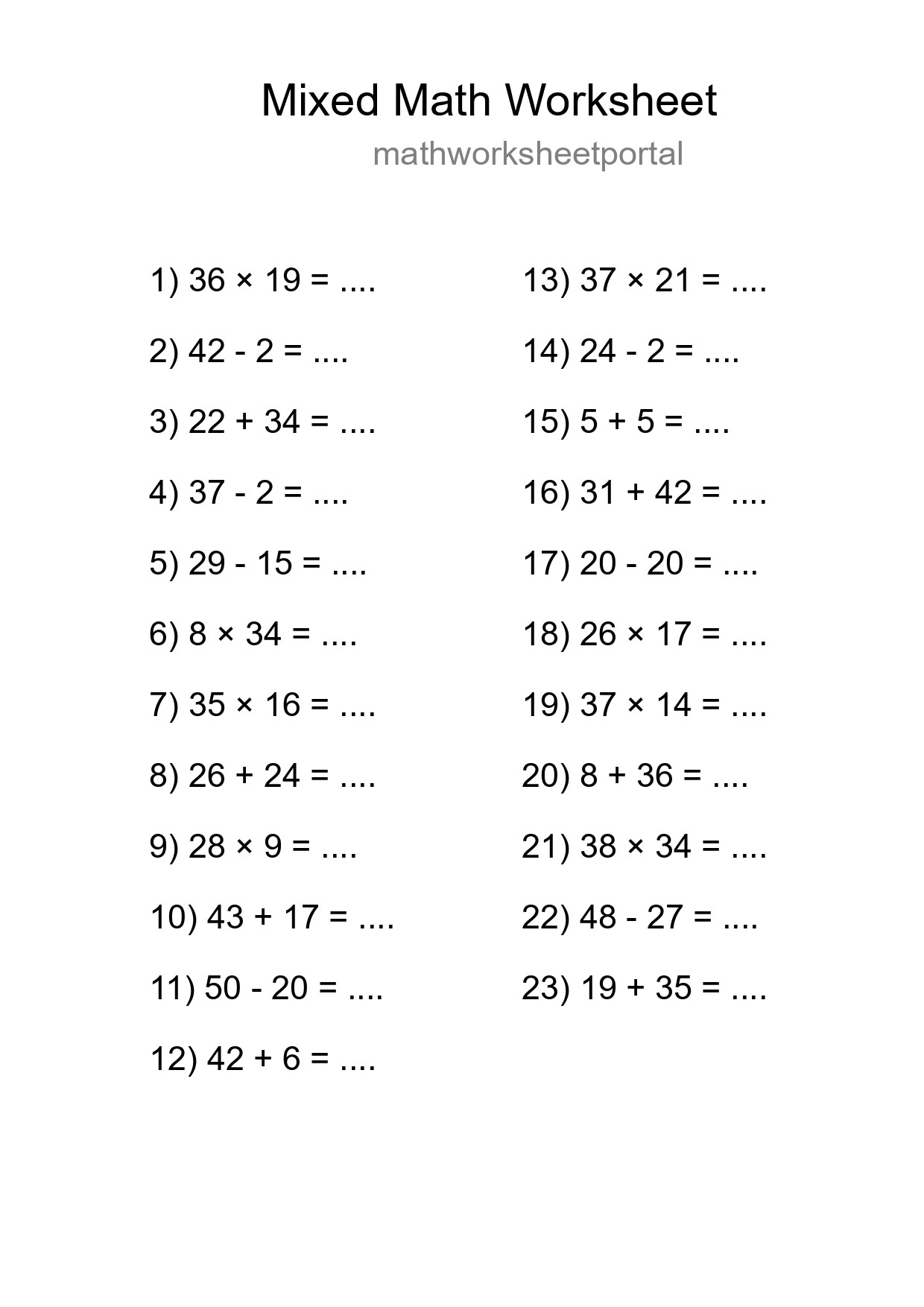 Mixed Operations Math Worksheet