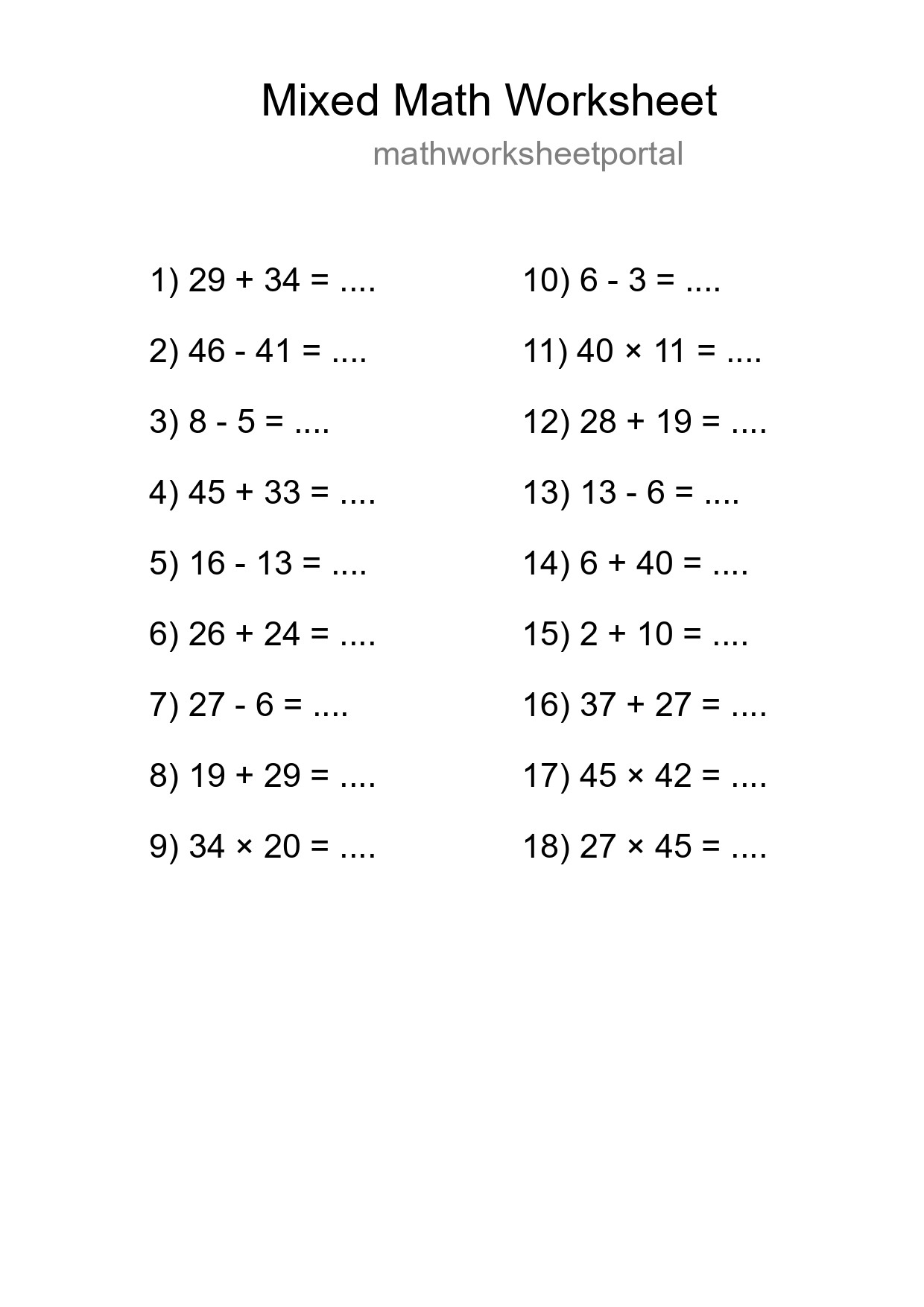 Mixed Operations Math Worksheet