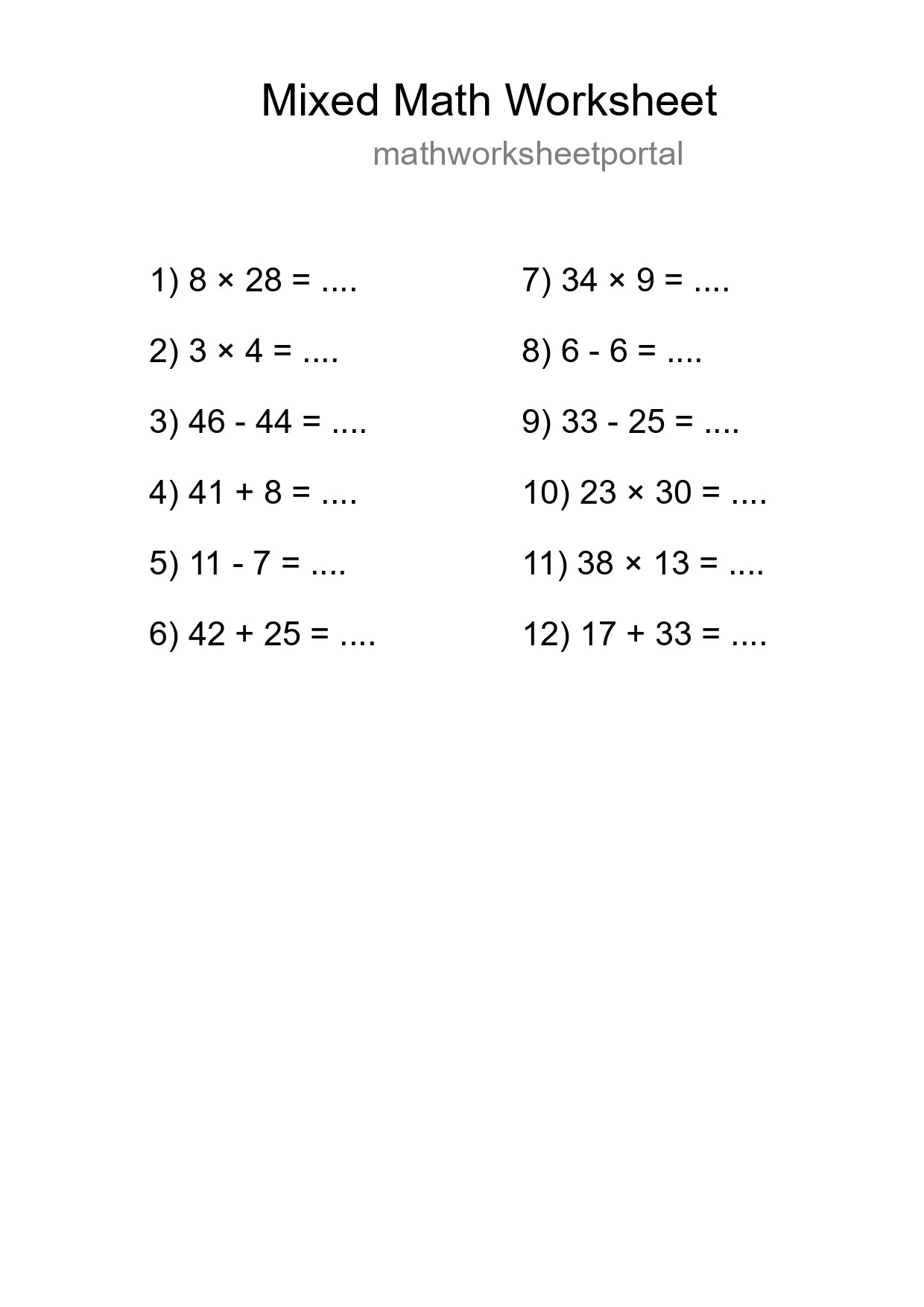 Mixed Operations Math Worksheet