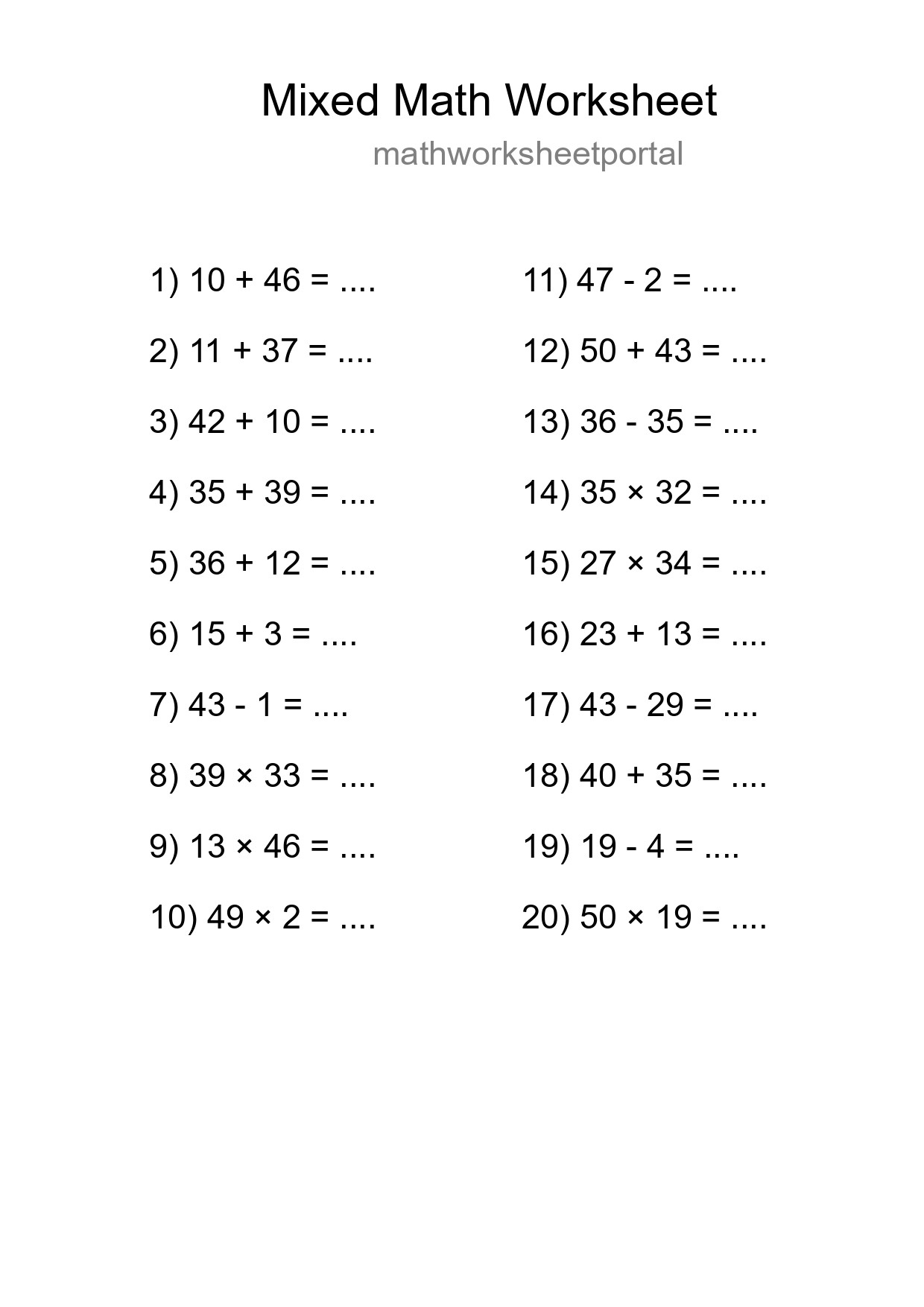 Mixed Operations Math Worksheet